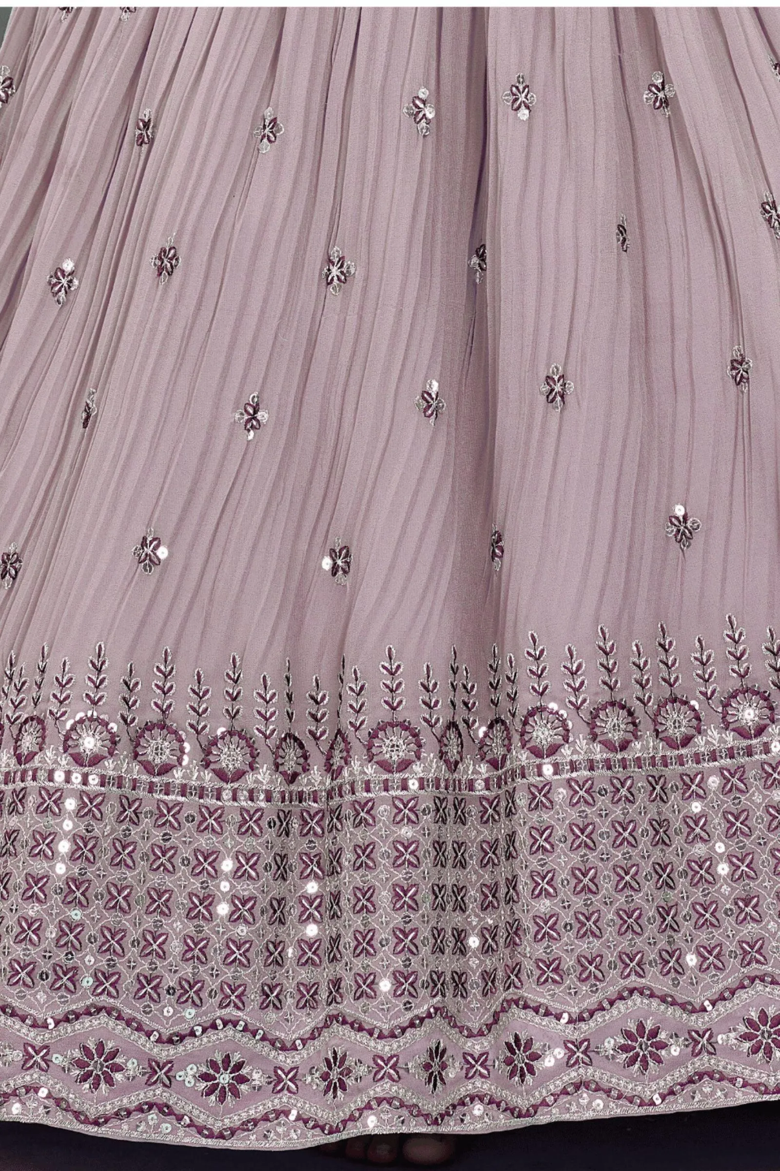 Light Purple Thread, Zari and Sequins work Long Party Gown for Girls