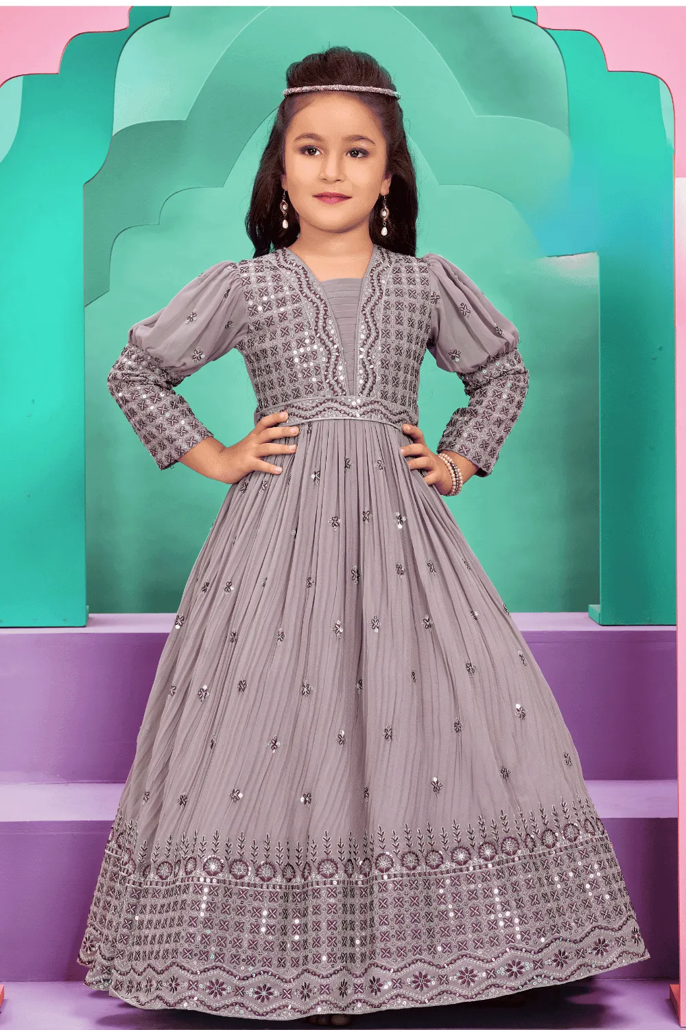 Light Purple Thread, Zari and Sequins work Long Party Gown for Girls