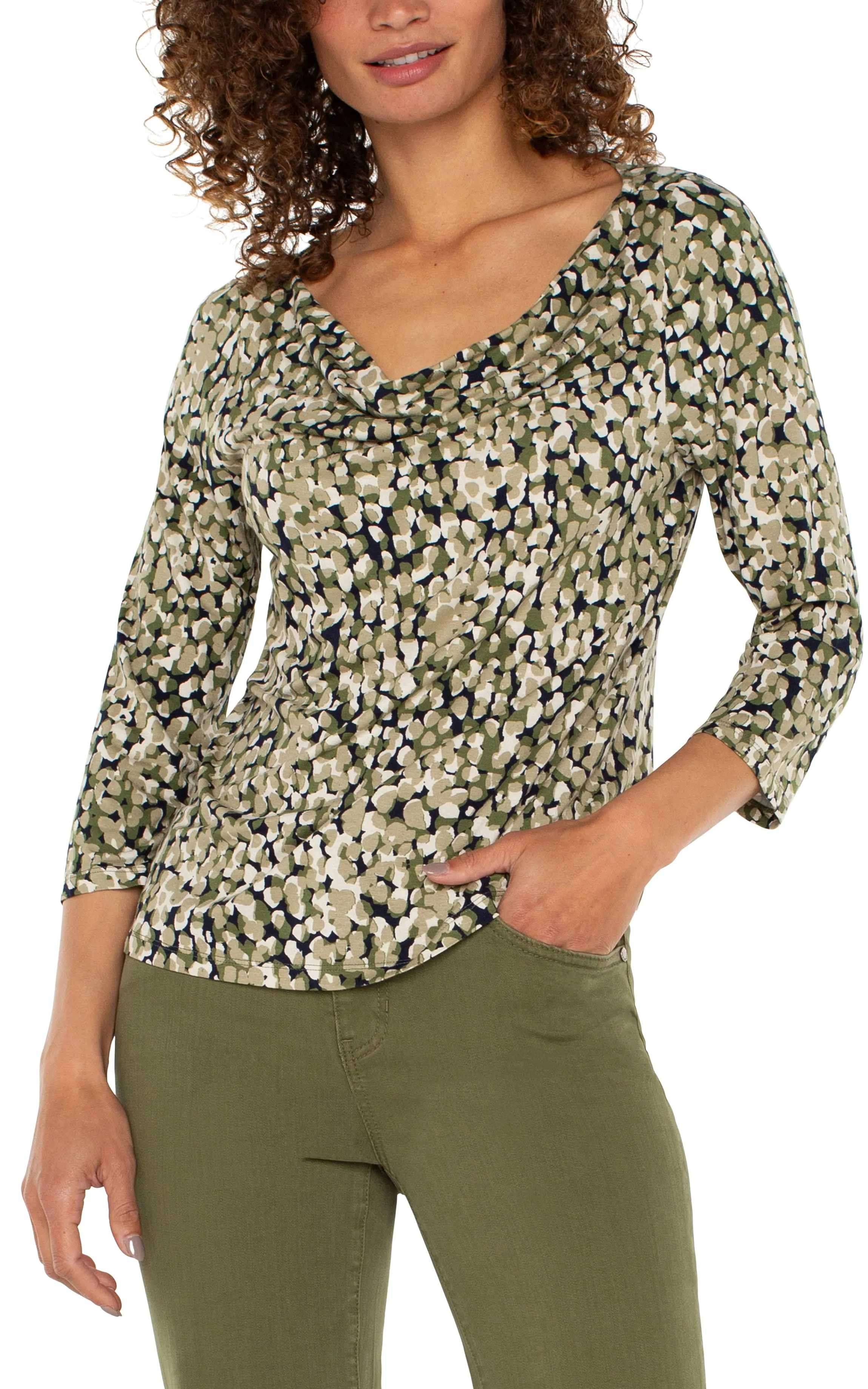 Liverpool 3/4 Sleeve Draped Neck Knit Top (Olive Camo Dot)