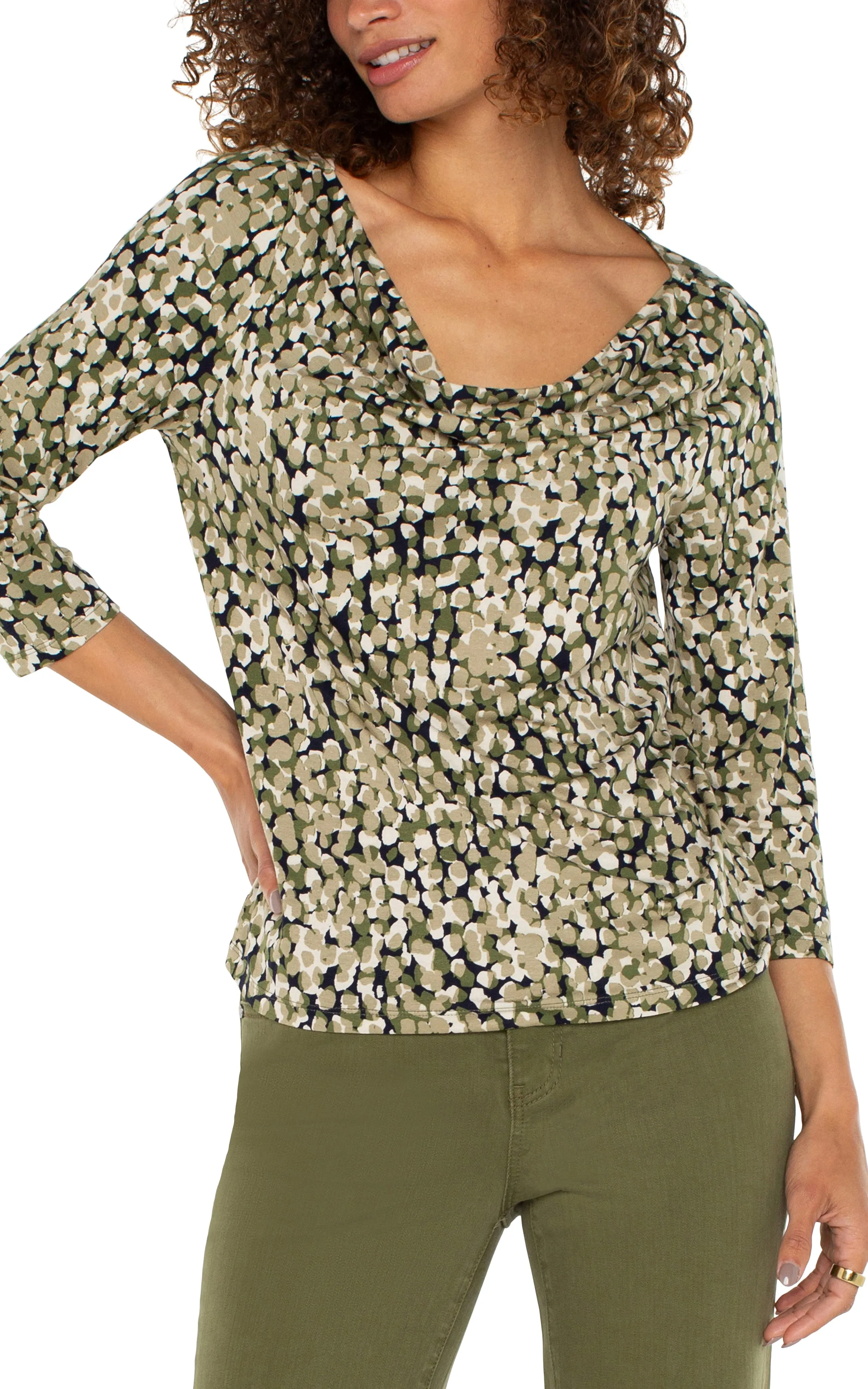 Liverpool 3/4 Sleeve Draped Neck Knit Top (Olive Camo Dot)