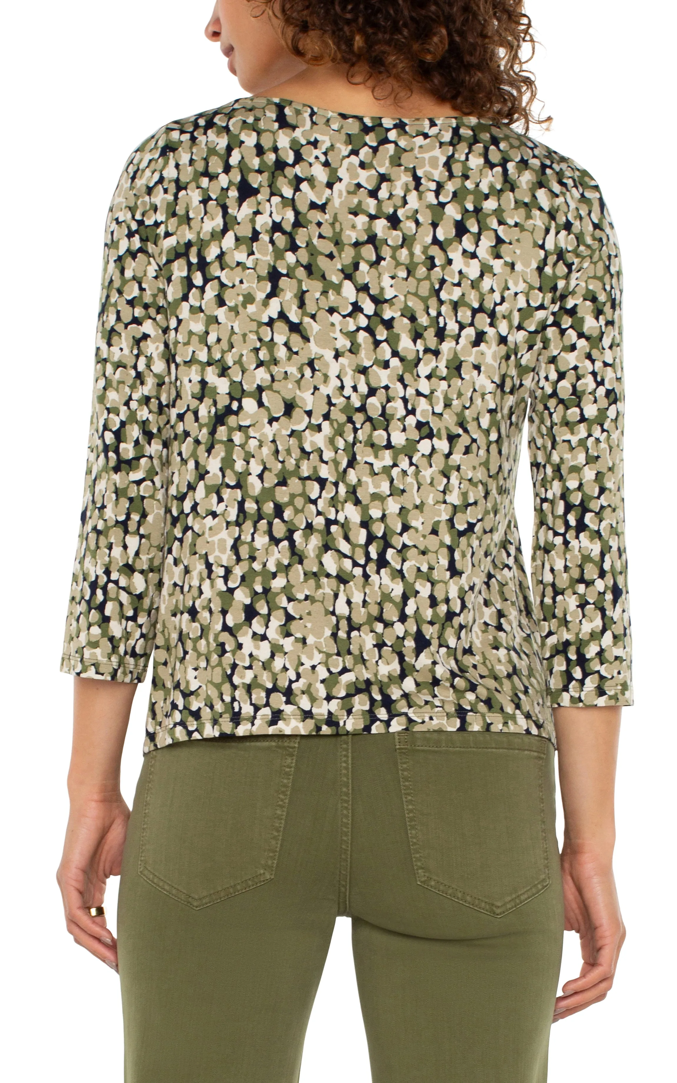 Liverpool 3/4 Sleeve Draped Neck Knit Top (Olive Camo Dot)