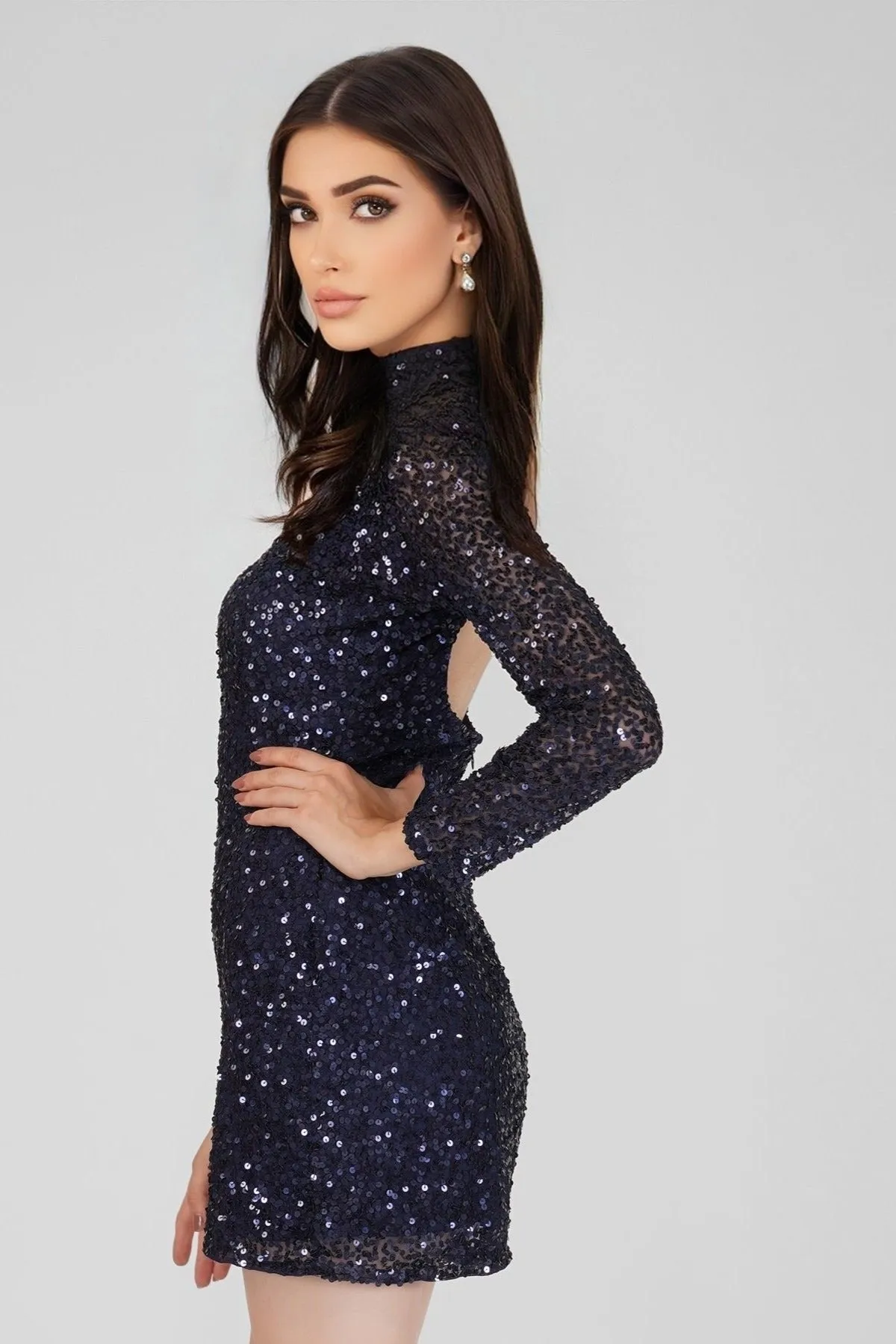 Mady Long Sleeve Sequin Mini Dress in Dark Blue