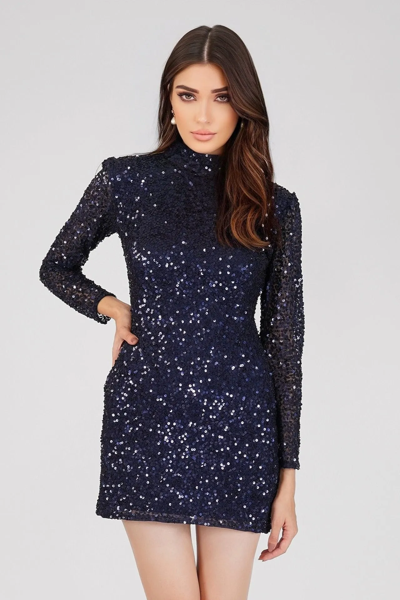 Mady Long Sleeve Sequin Mini Dress in Dark Blue