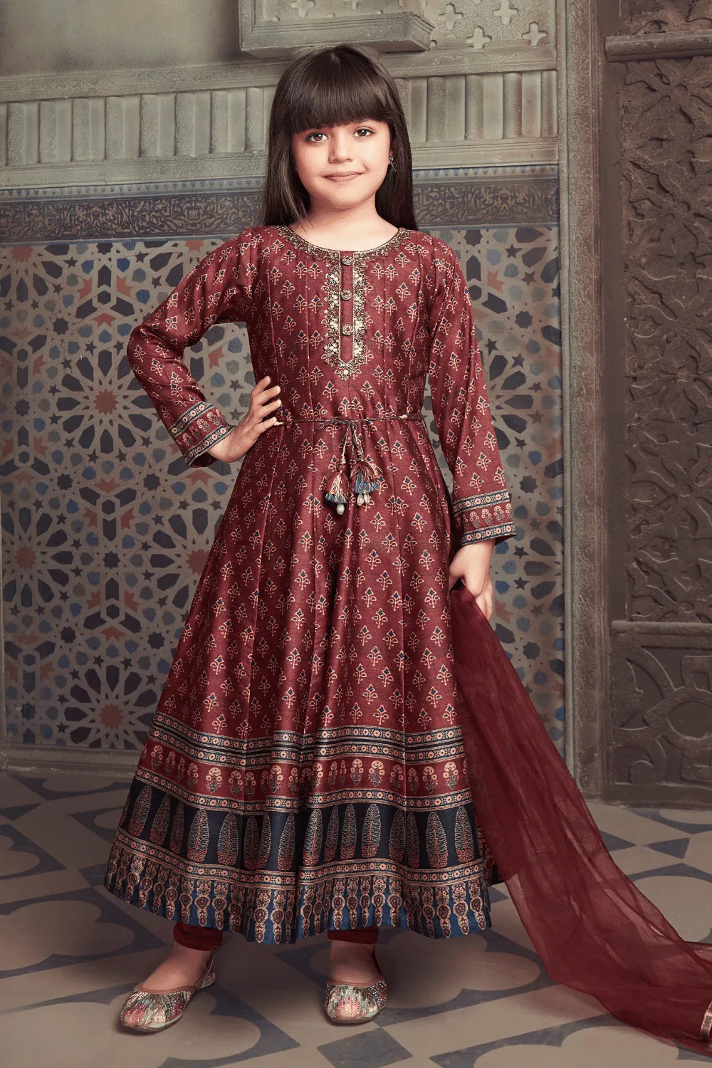 Maroon Digital Print, Sequins, Beads and Zardozi work Anarkali Style Salwar Suit for Girls