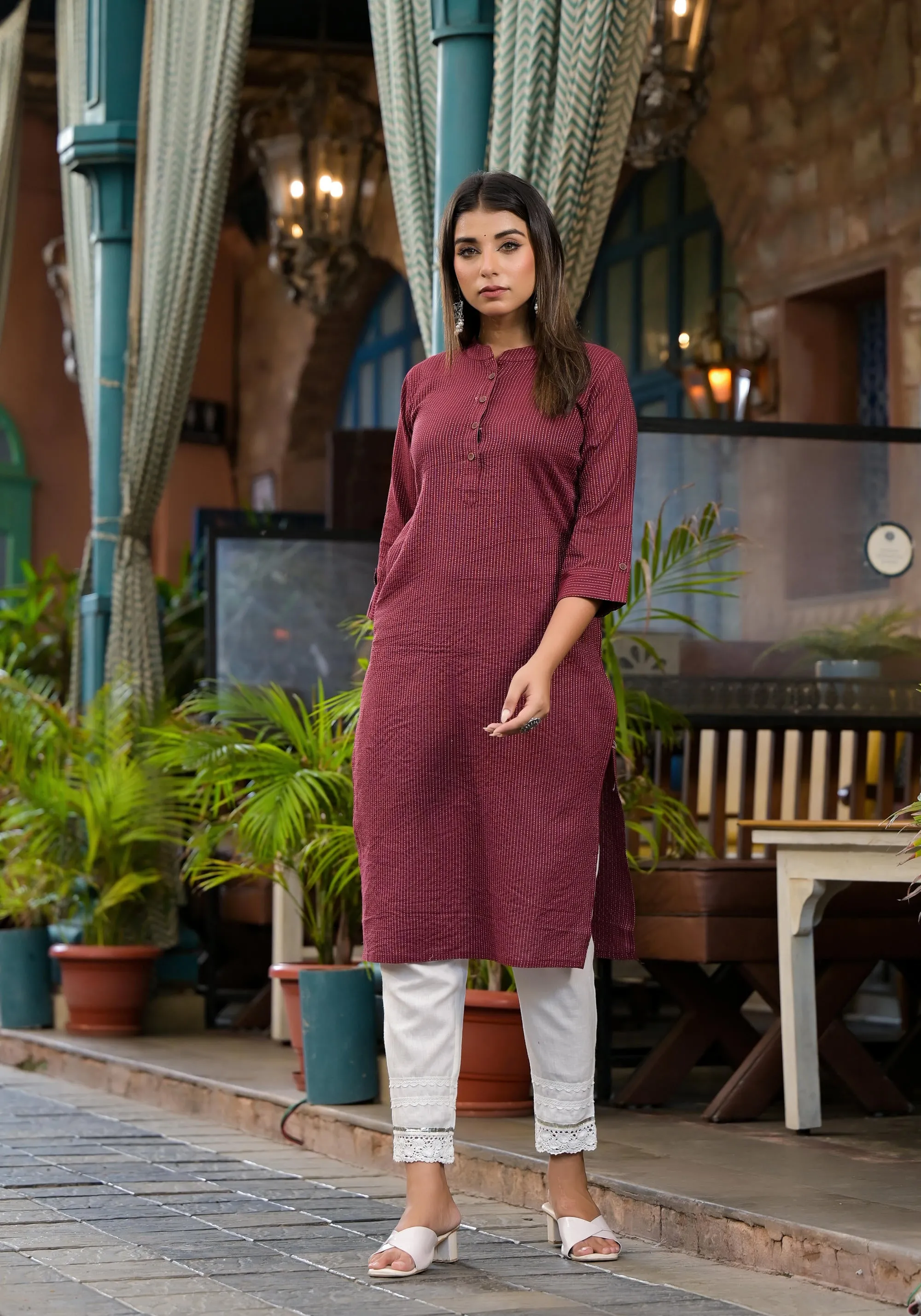 Maroon Striped Printed Cotton Kurta With Button Detail