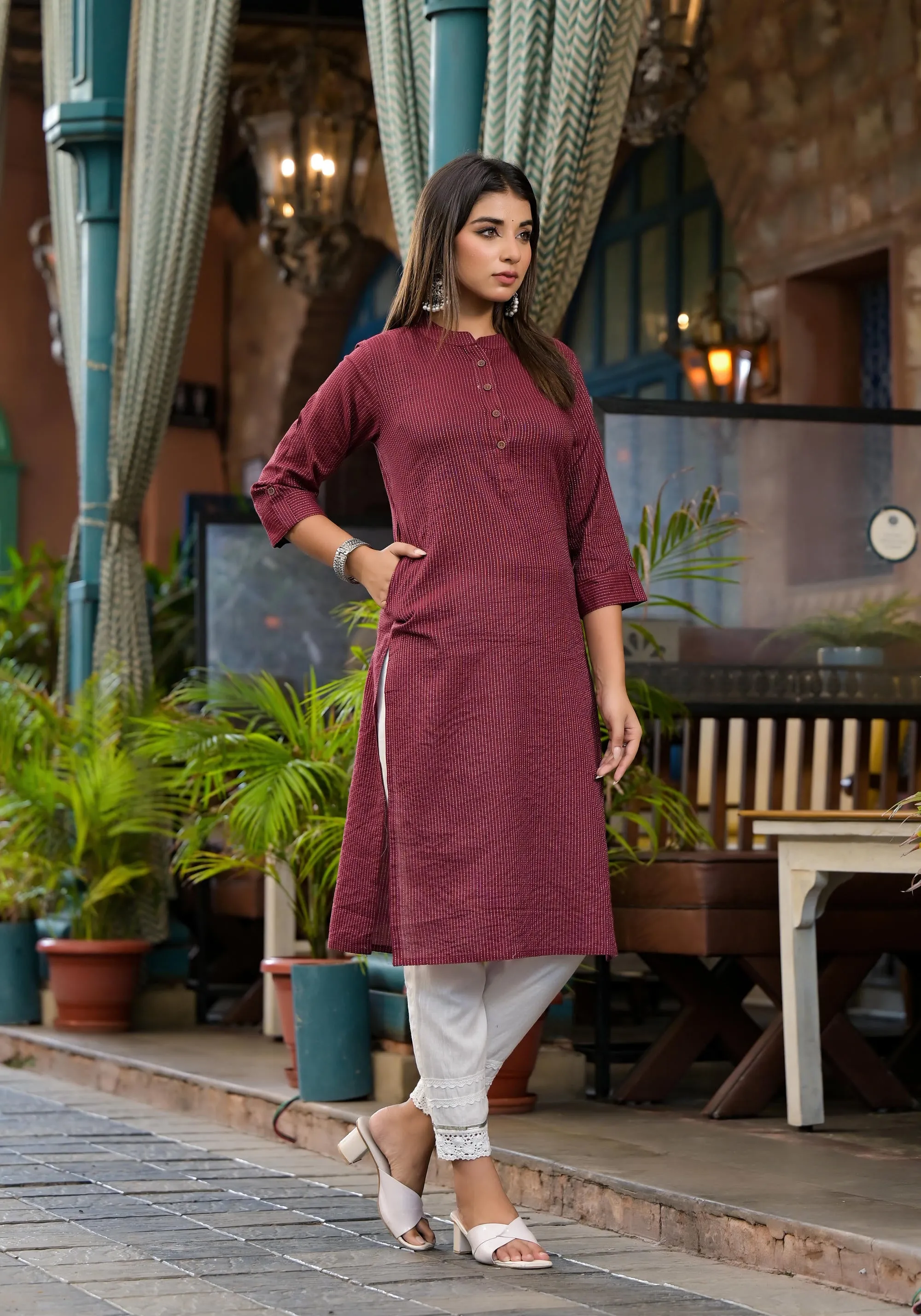 Maroon Striped Printed Cotton Kurta With Button Detail