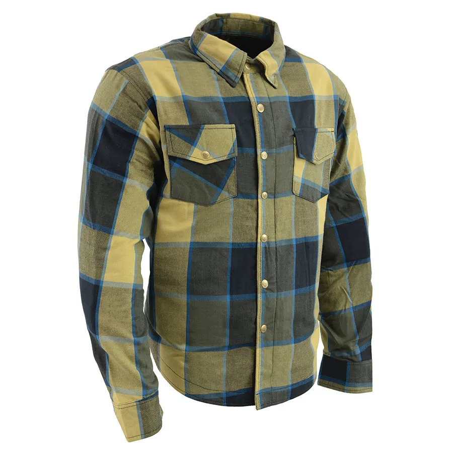 Men’s Beige/Black & Blue Checkered Armored Flannel Biker Shirt w/ Reinforced Fibers