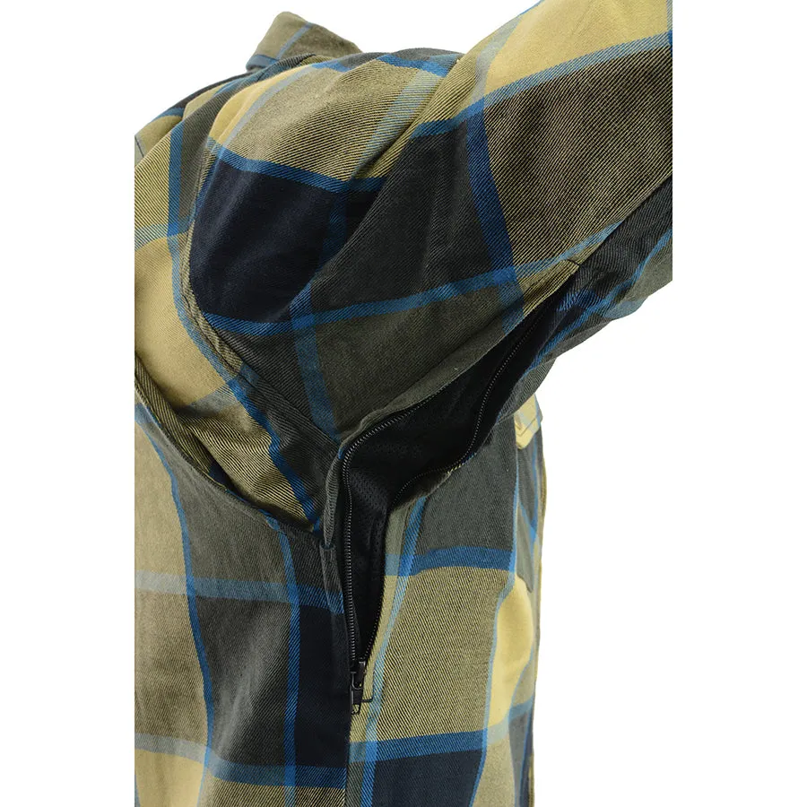 Men’s Beige/Black & Blue Checkered Armored Flannel Biker Shirt w/ Reinforced Fibers