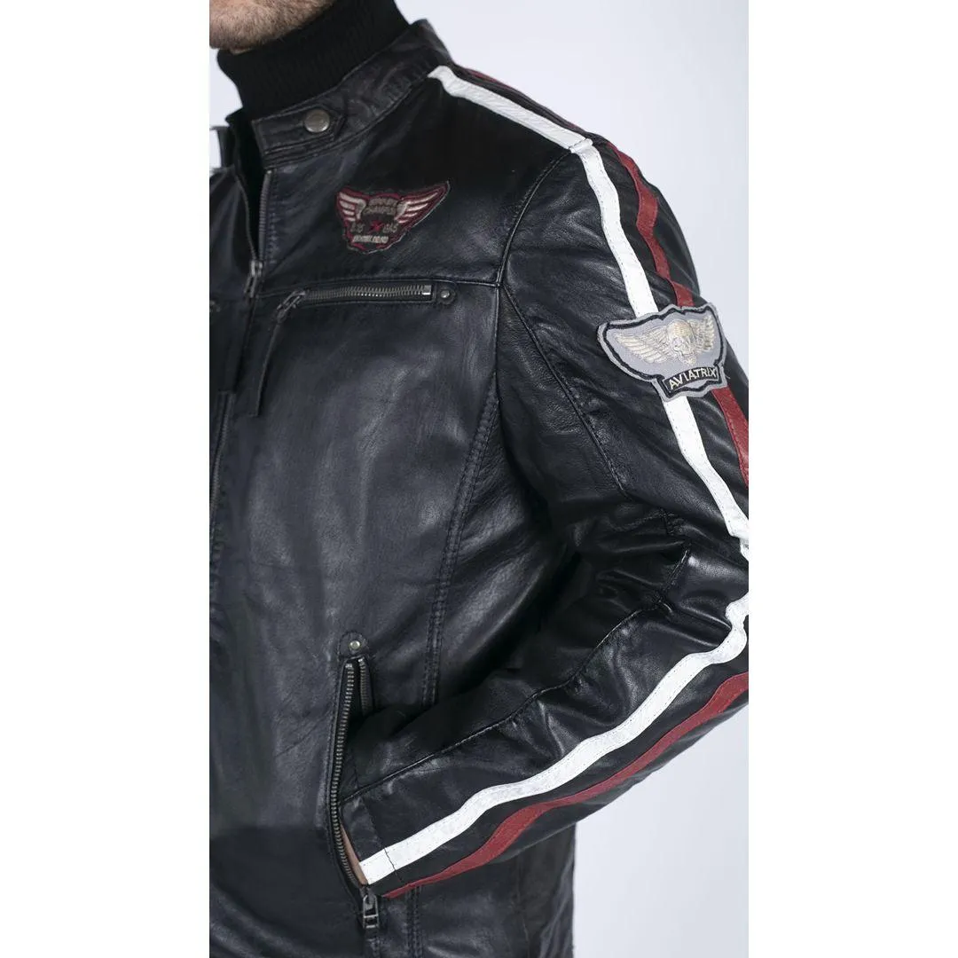 Mens Black Real Leather Racing Biker Jacket Zipped Short Red White Stripes Badge