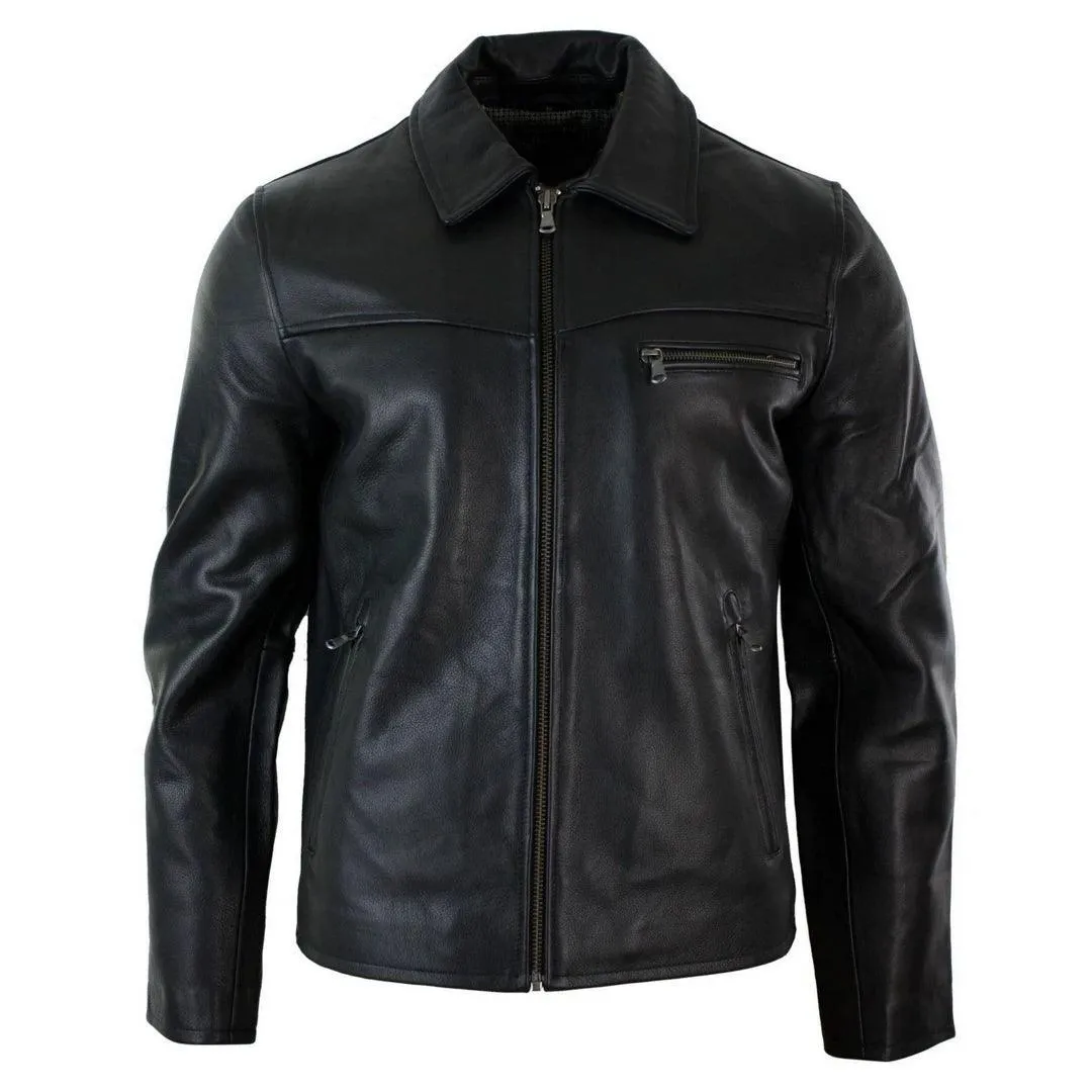 Mens Classic Real Leather Soft Hide Zipped Collar Box Jacket Smart Casual Fit