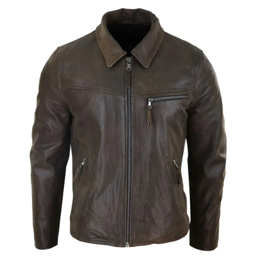 Mens Classic Real Leather Soft Hide Zipped Collar Box Jacket Smart Casual Fit