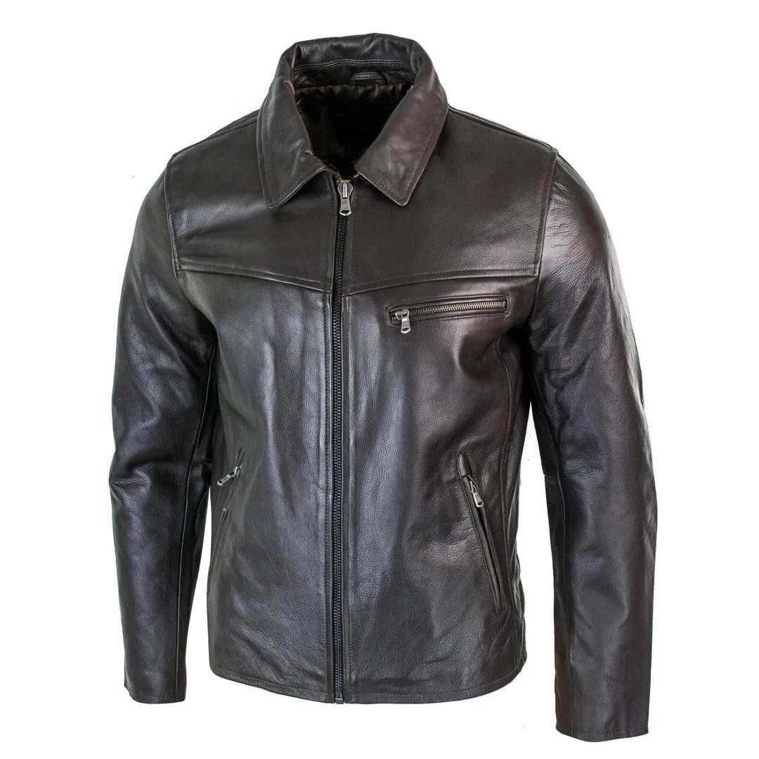 Mens Classic Real Leather Soft Hide Zipped Collar Box Jacket Smart Casual Fit