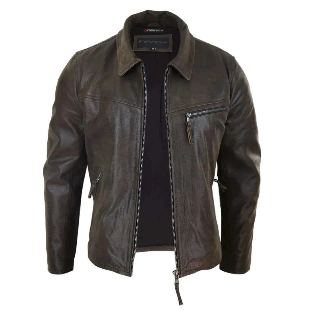 Mens Classic Real Leather Soft Hide Zipped Collar Box Jacket Smart Casual Fit