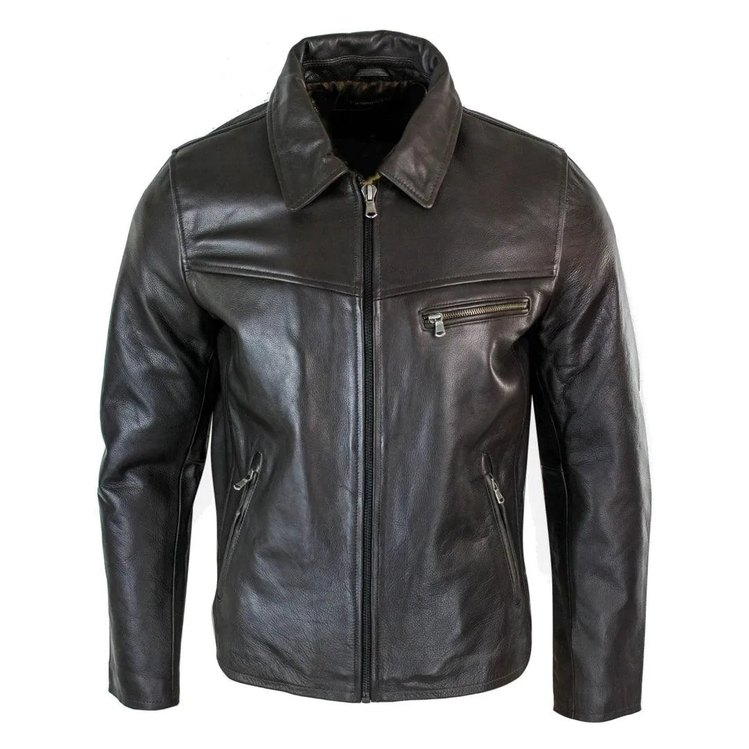 Mens Classic Real Leather Soft Hide Zipped Collar Box Jacket Smart Casual Fit