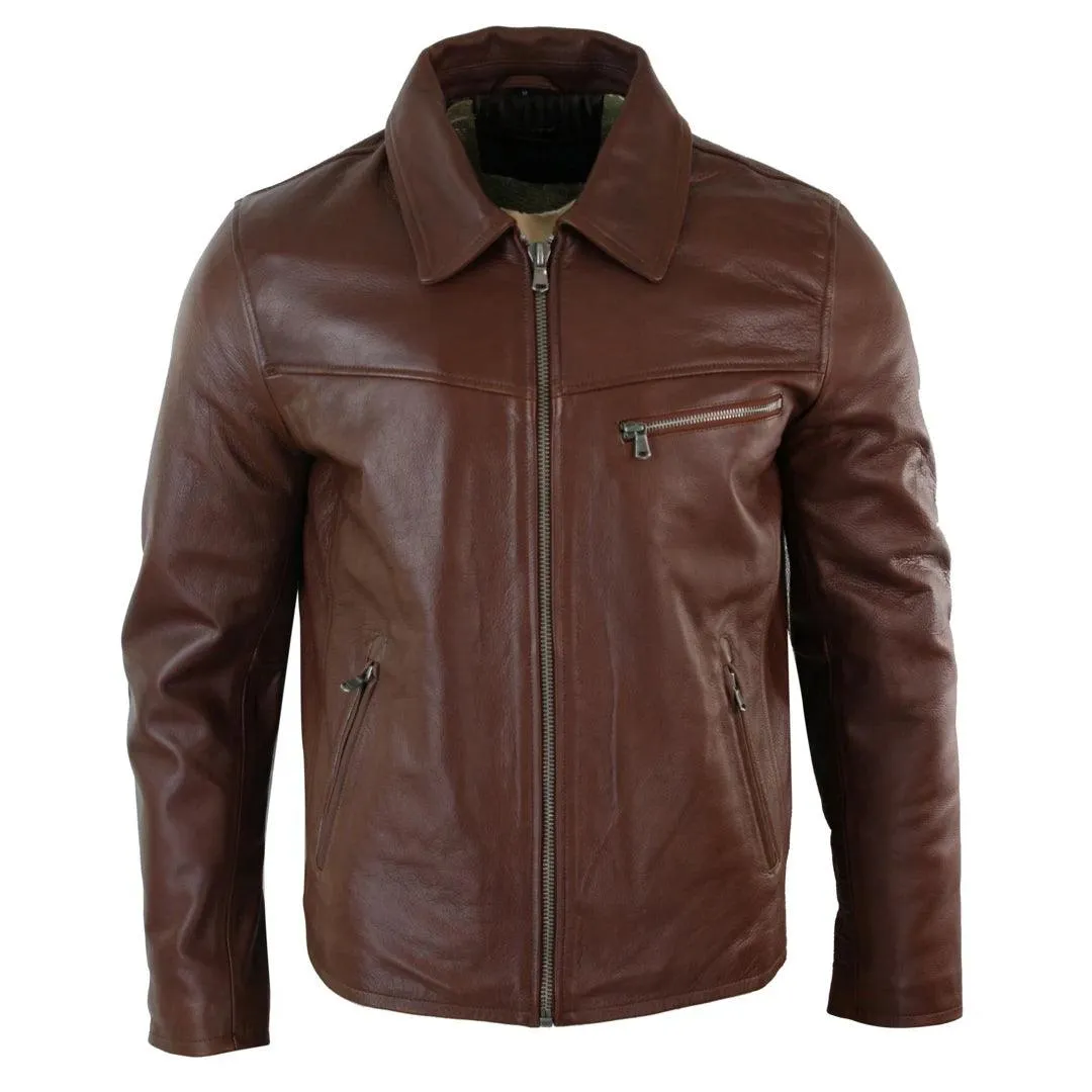 Mens Classic Real Leather Soft Hide Zipped Collar Box Jacket Smart Casual Fit