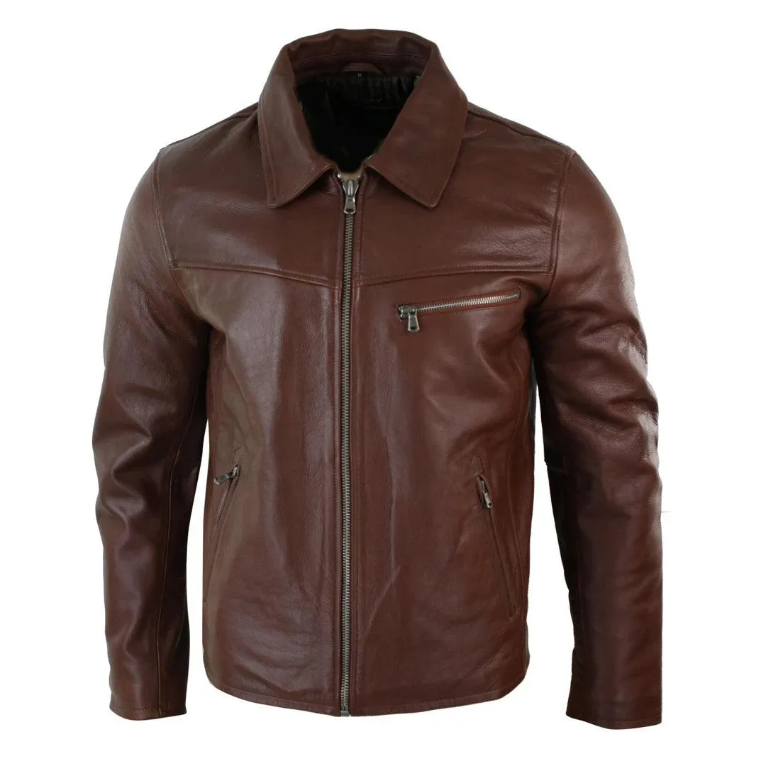 Mens Classic Real Leather Soft Hide Zipped Collar Box Jacket Smart Casual Fit