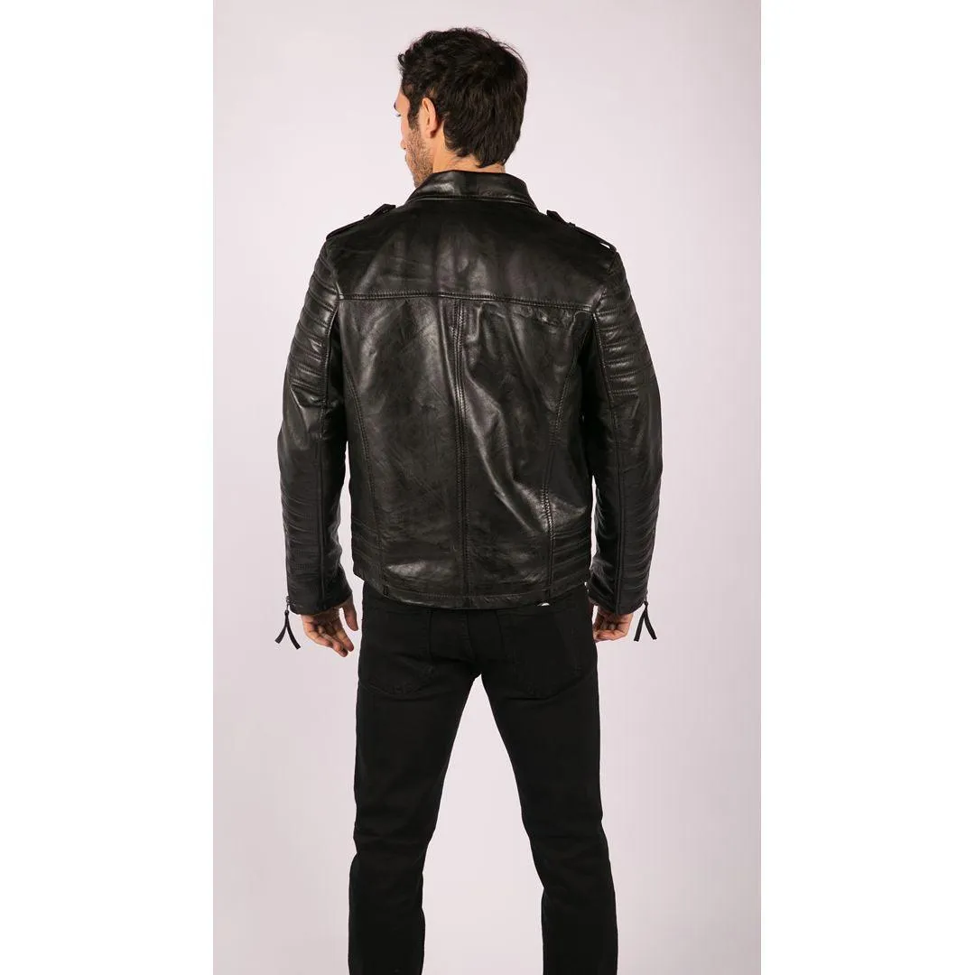 Mens Cross Zip Vintage Retro Biker Jacket Black Real Leather Urban Slim Fit