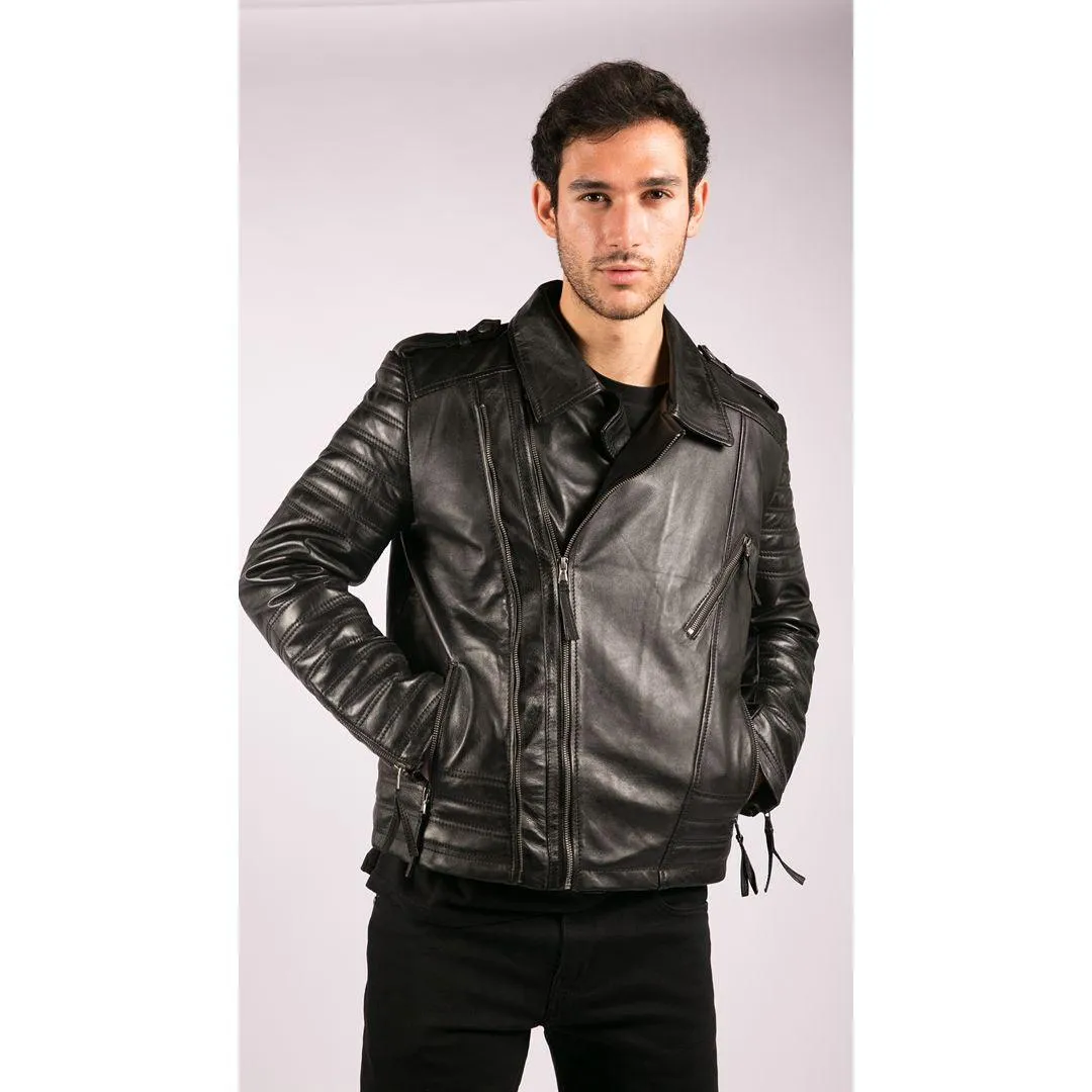 Mens Cross Zip Vintage Retro Biker Jacket Black Real Leather Urban Slim Fit