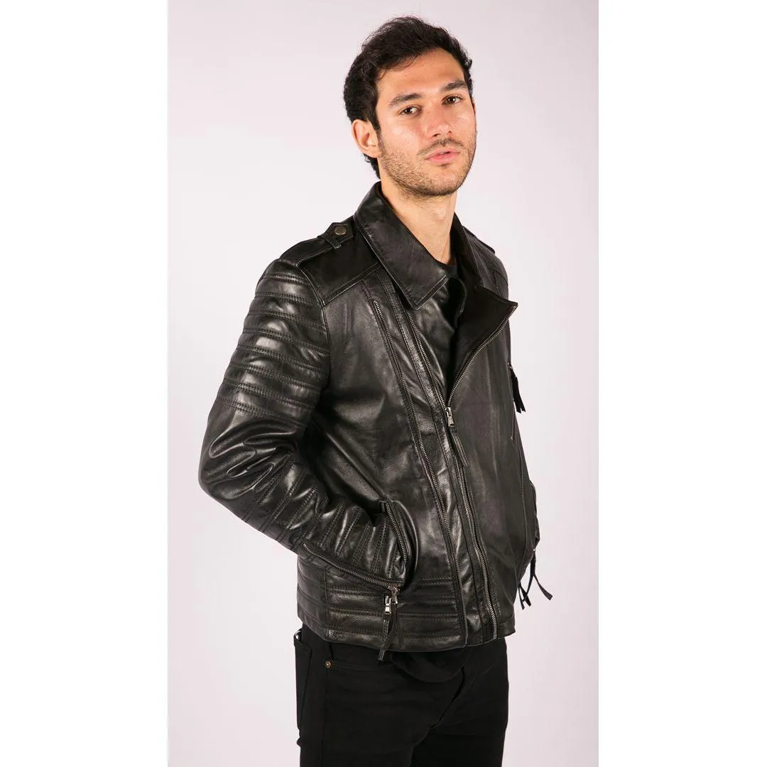 Mens Cross Zip Vintage Retro Biker Jacket Black Real Leather Urban Slim Fit