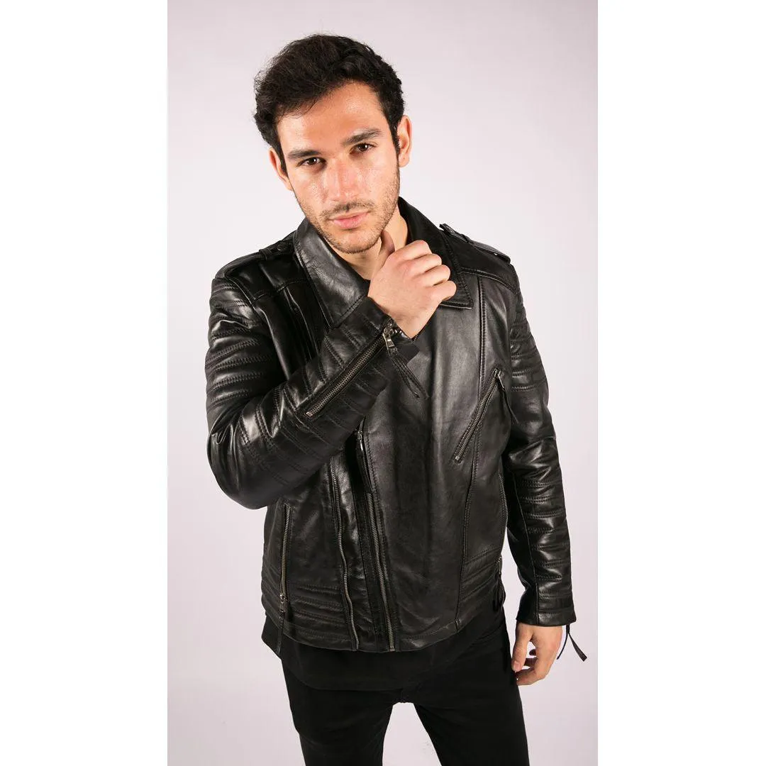 Mens Cross Zip Vintage Retro Biker Jacket Black Real Leather Urban Slim Fit