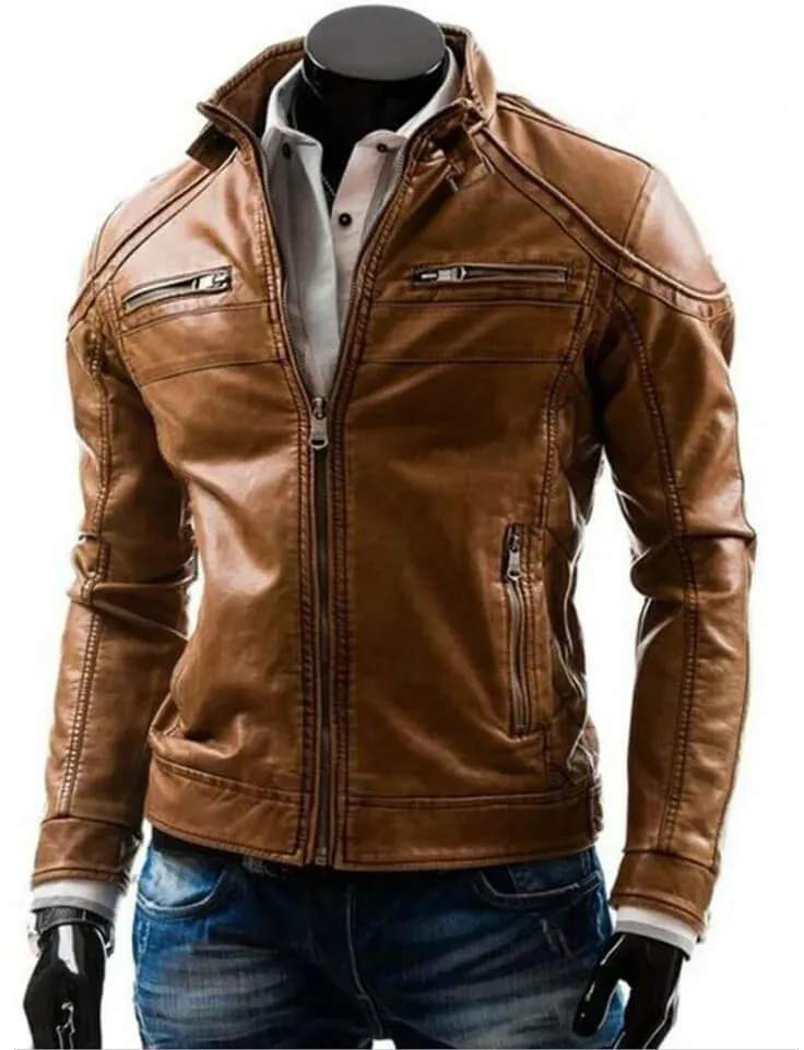 Men's Fashionable Brown Leather Biker Jacket