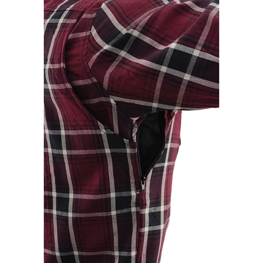 Men’s Maroon Checkered Armored Flannel Biker Shirt w/ Reinforced Fibers