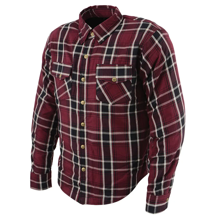 Men’s Maroon Checkered Armored Flannel Biker Shirt w/ Reinforced Fibers