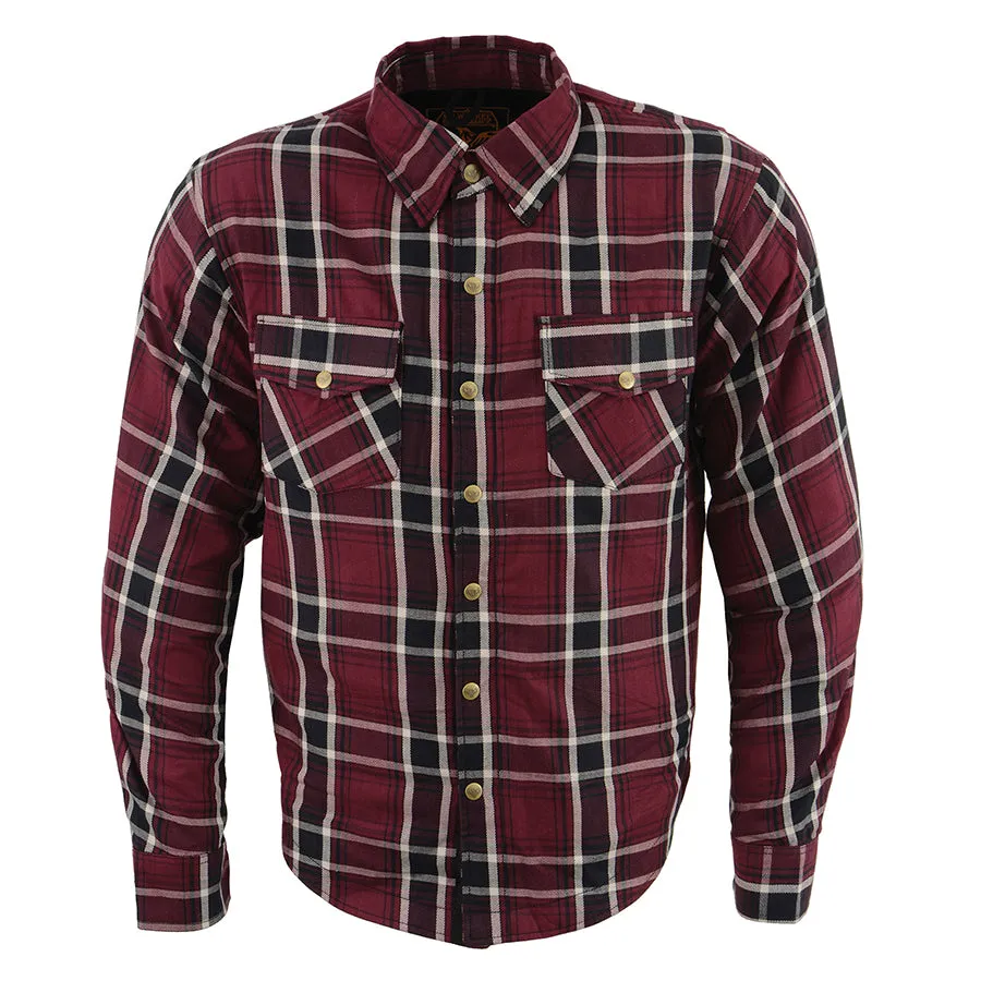 Men’s Maroon Checkered Armored Flannel Biker Shirt w/ Reinforced Fibers