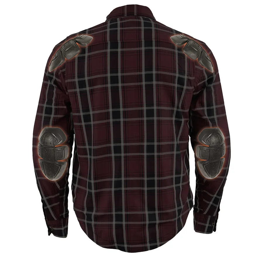 Men’s Maroon Checkered Armored Flannel Biker Shirt w/ Reinforced Fibers