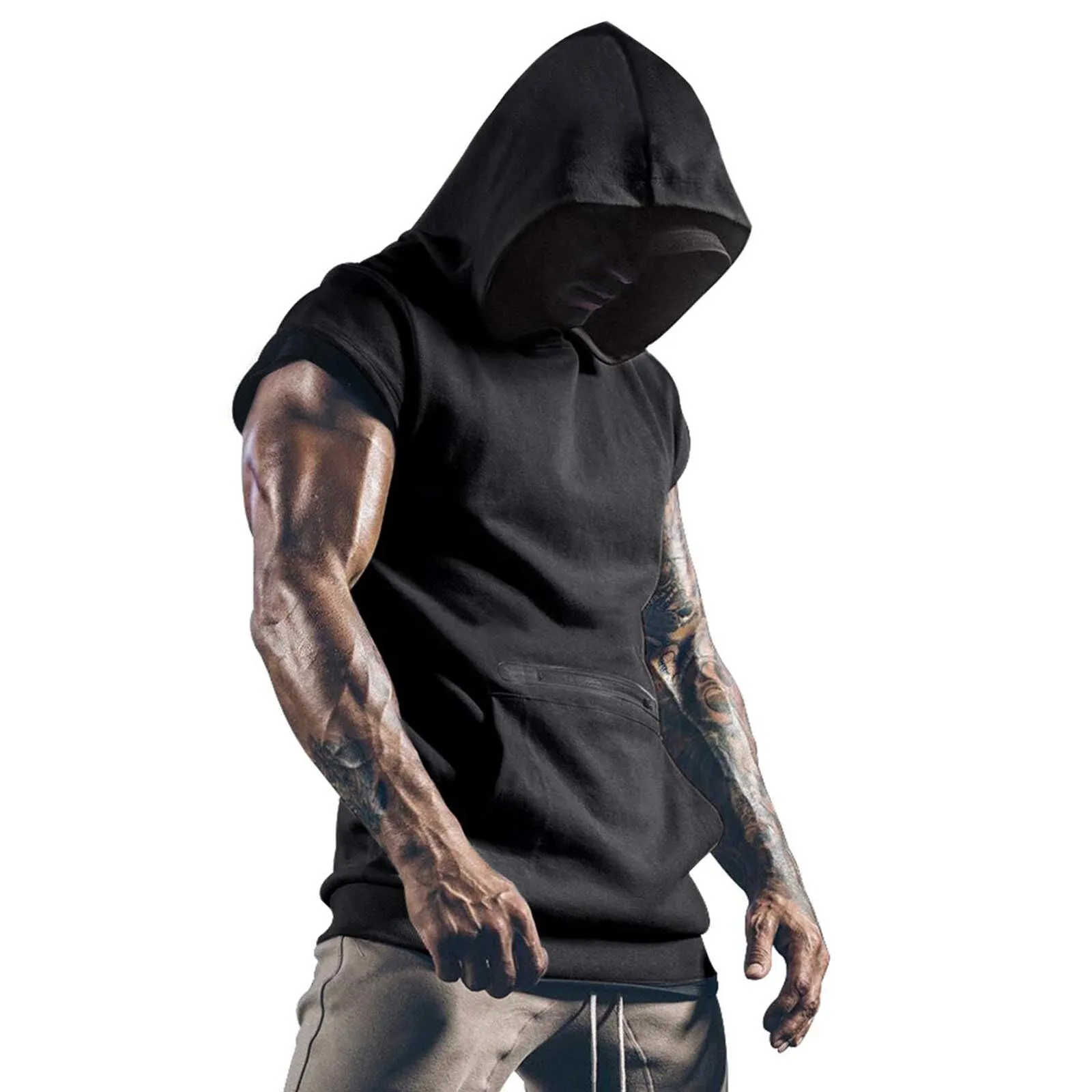 Mens Muscle Hoodie Vest Sleeveless Bodybuilding Gym Workout Fitness Shirt High Quality Vest Hip Hop Sweatshirt Men's Tops