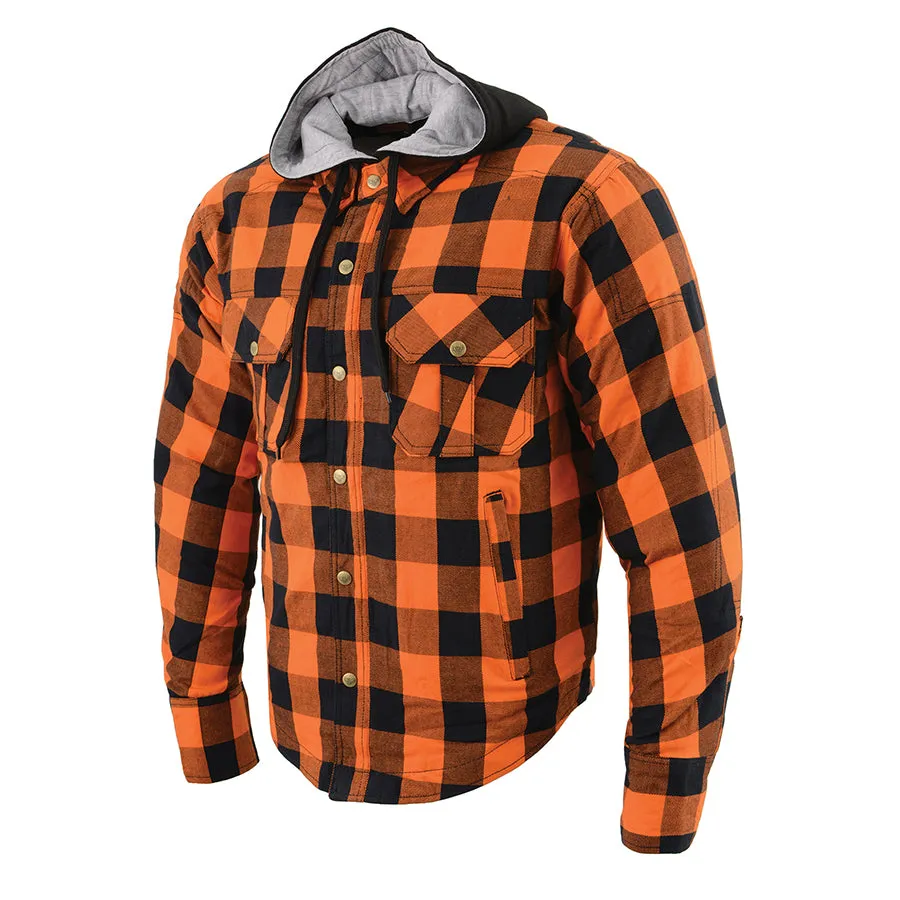 Men’s Orange & Black Armored Flannel Biker Shirt w/ Reinforced Fibers