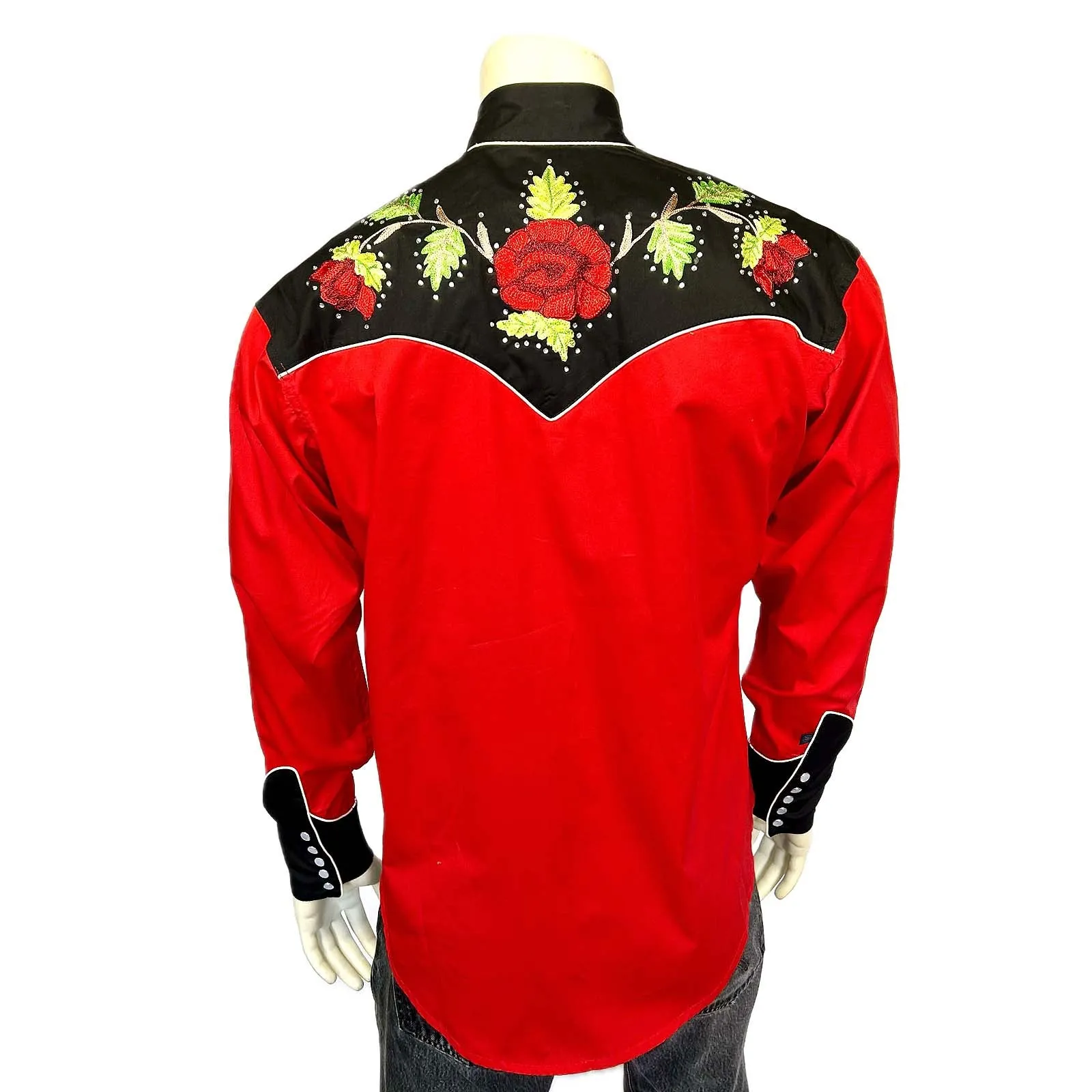 Men's Vintage 2-Tone Red Roses Embroidery Western Shirt