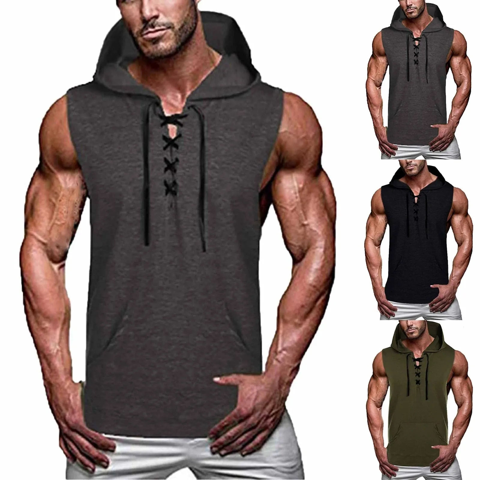  New Gyms Clothing Mens Bodybuilding Hooded Tank Top Soild Color Sleeveless Vest Sweatshirt Fitness Workout Sportswear Tops Male