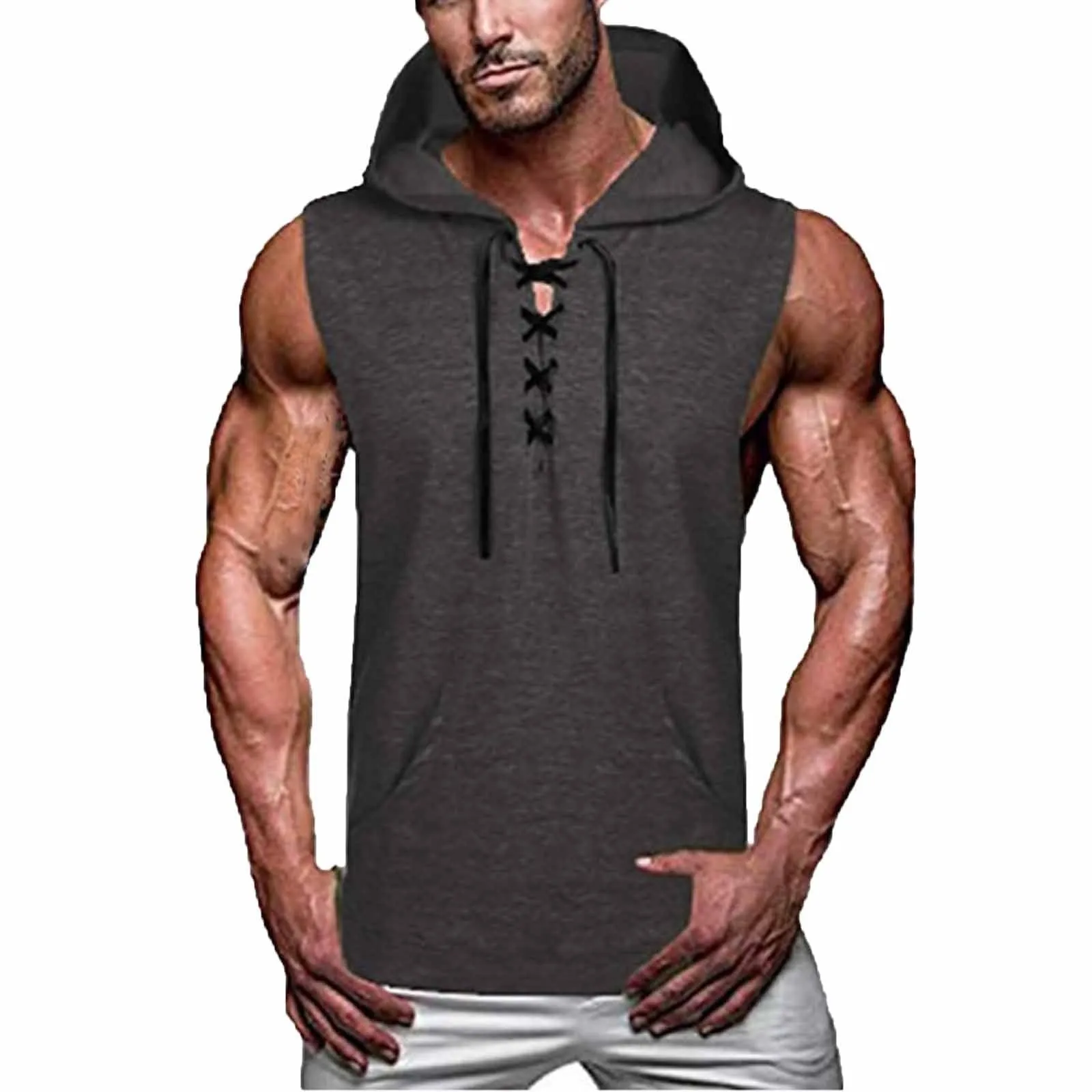  New Gyms Clothing Mens Bodybuilding Hooded Tank Top Soild Color Sleeveless Vest Sweatshirt Fitness Workout Sportswear Tops Male