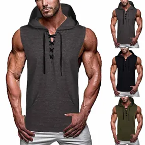  New Gyms Clothing Mens Bodybuilding Hooded Tank Top Soild Color Sleeveless Vest Sweatshirt Fitness Workout Sportswear Tops Male