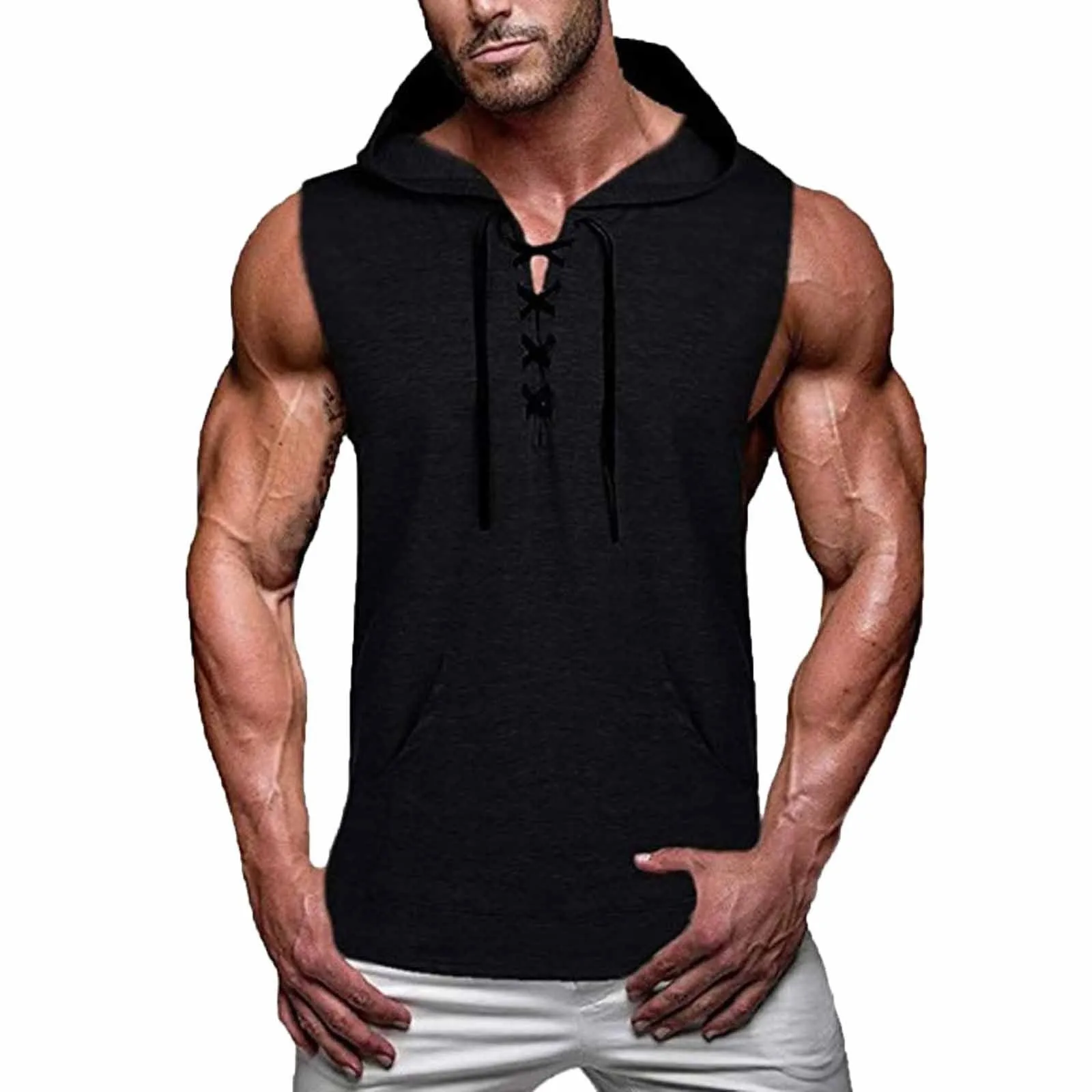  New Gyms Clothing Mens Bodybuilding Hooded Tank Top Soild Color Sleeveless Vest Sweatshirt Fitness Workout Sportswear Tops Male