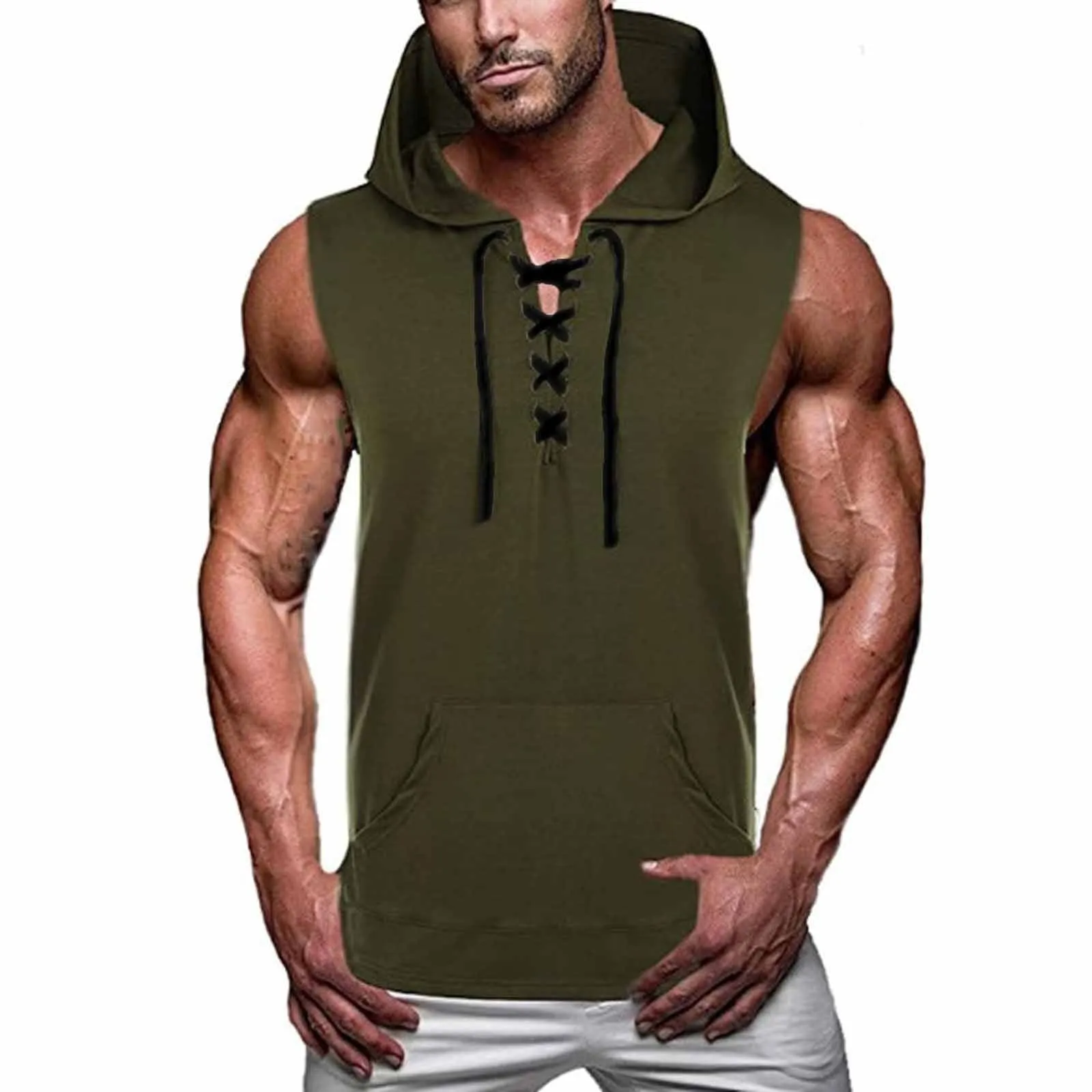  New Gyms Clothing Mens Bodybuilding Hooded Tank Top Soild Color Sleeveless Vest Sweatshirt Fitness Workout Sportswear Tops Male