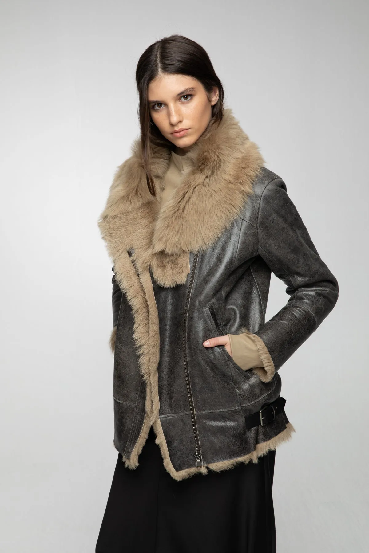 Paige - Desert Beige Shearling Jacket