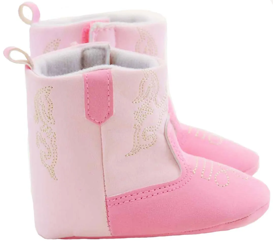 Pink Gold Embroidered Infant Baby Fashion Winter Cowgirl Boots