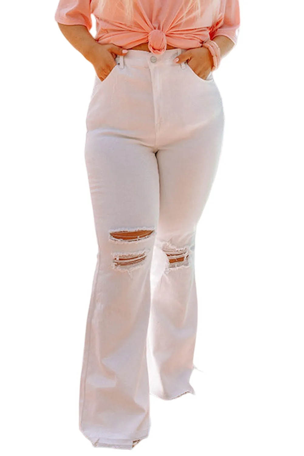 Plus Size Jeans Flare Ripped Knees High Waist