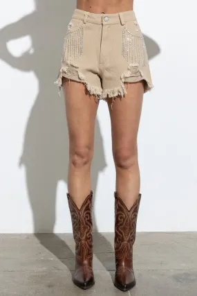 Presley Rhinestone Denim Shorts- Taupe