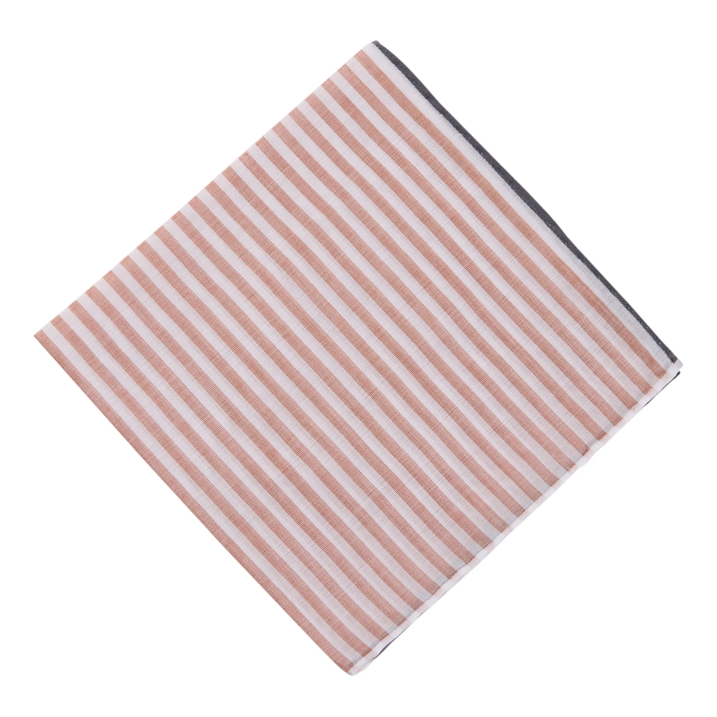 Simonnot Godard Light Brown & White Striped Cotton Pocket Square