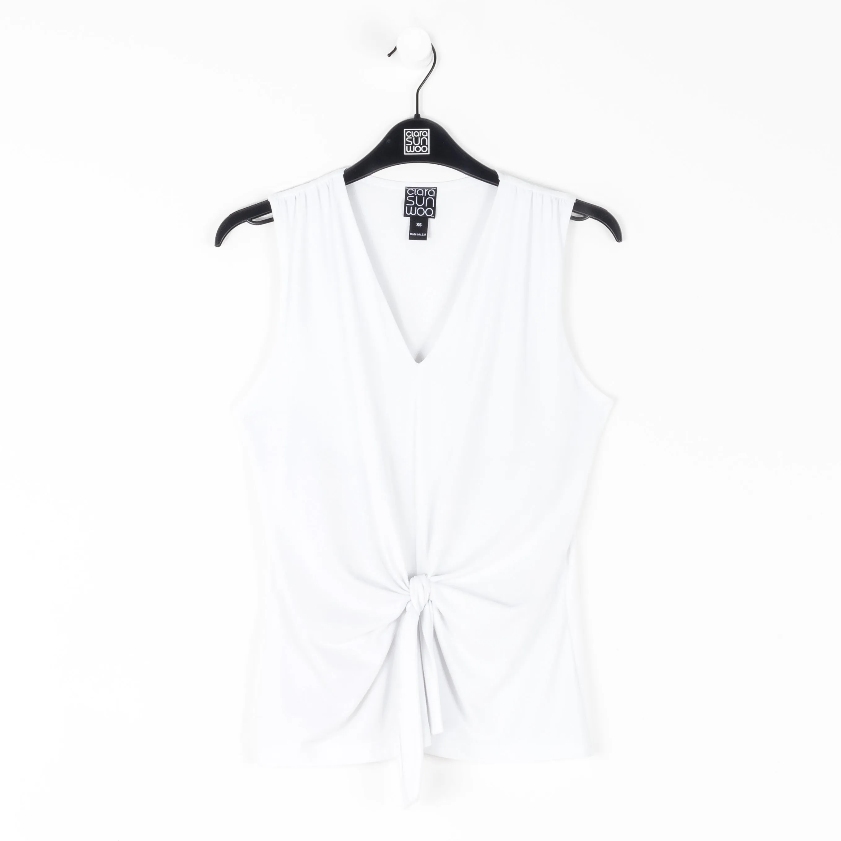 Sleeveless V-Neck Center Front Tie Top - White