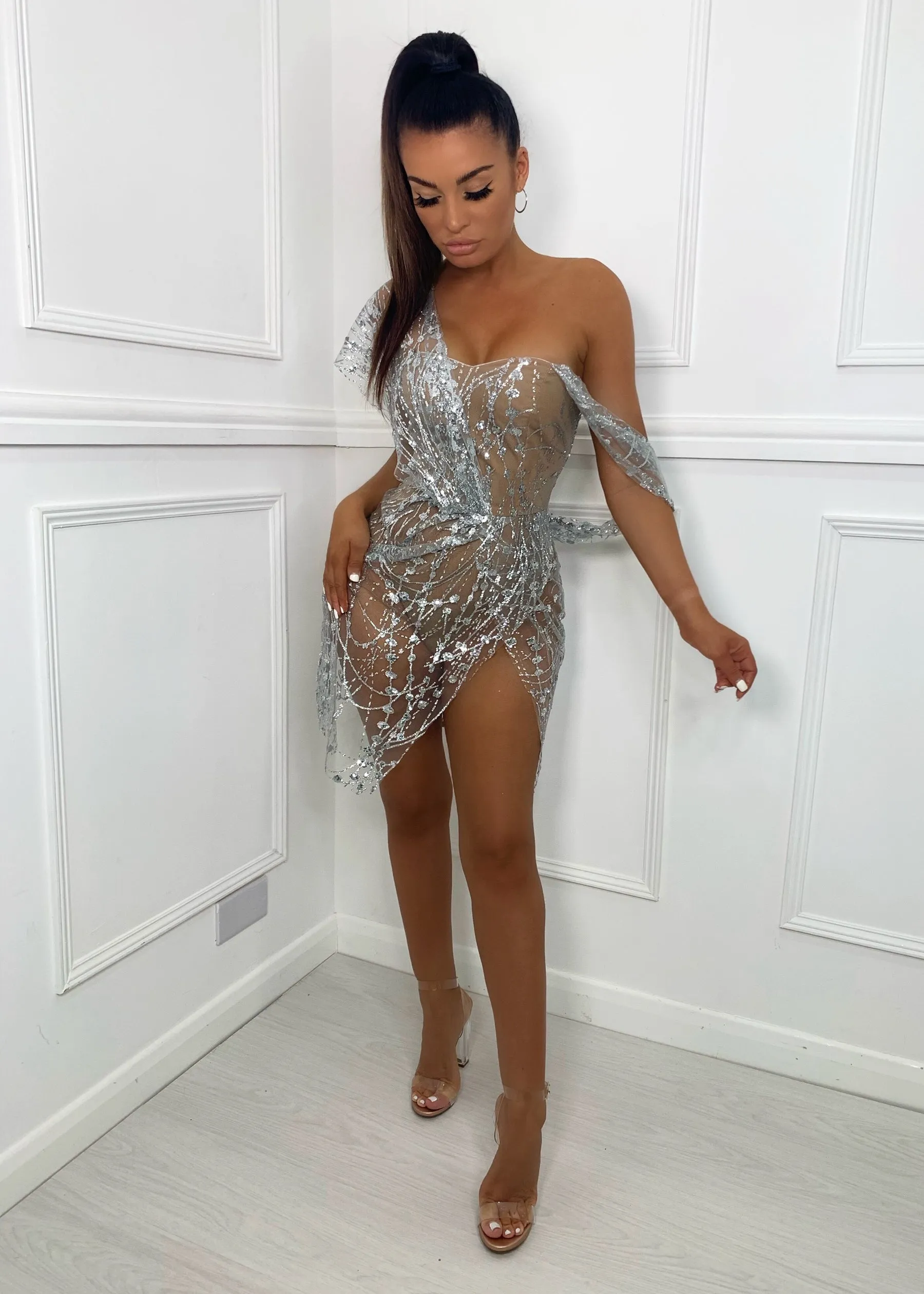 Sparkle Delight Glitter Mesh Dress - Silver