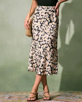 The Black High-Waisted Daisy Floral Midi Skirt