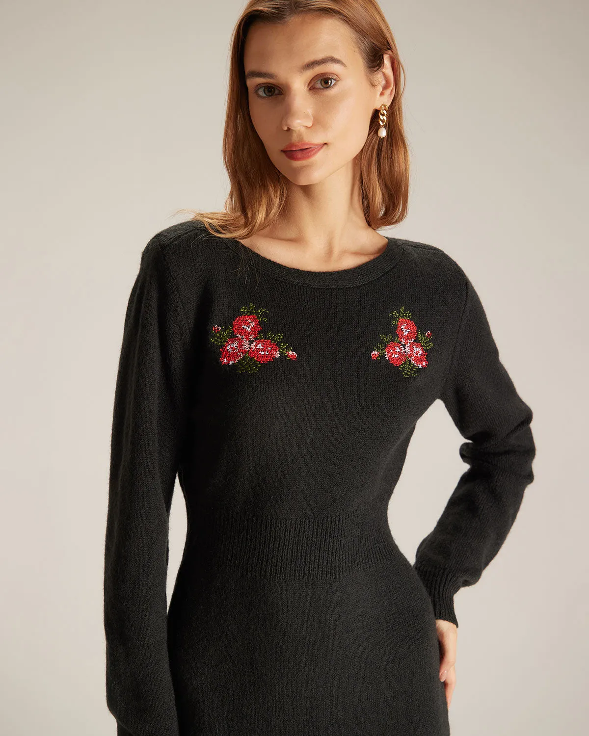 The Black Round Neck Embroidery Mini Dress