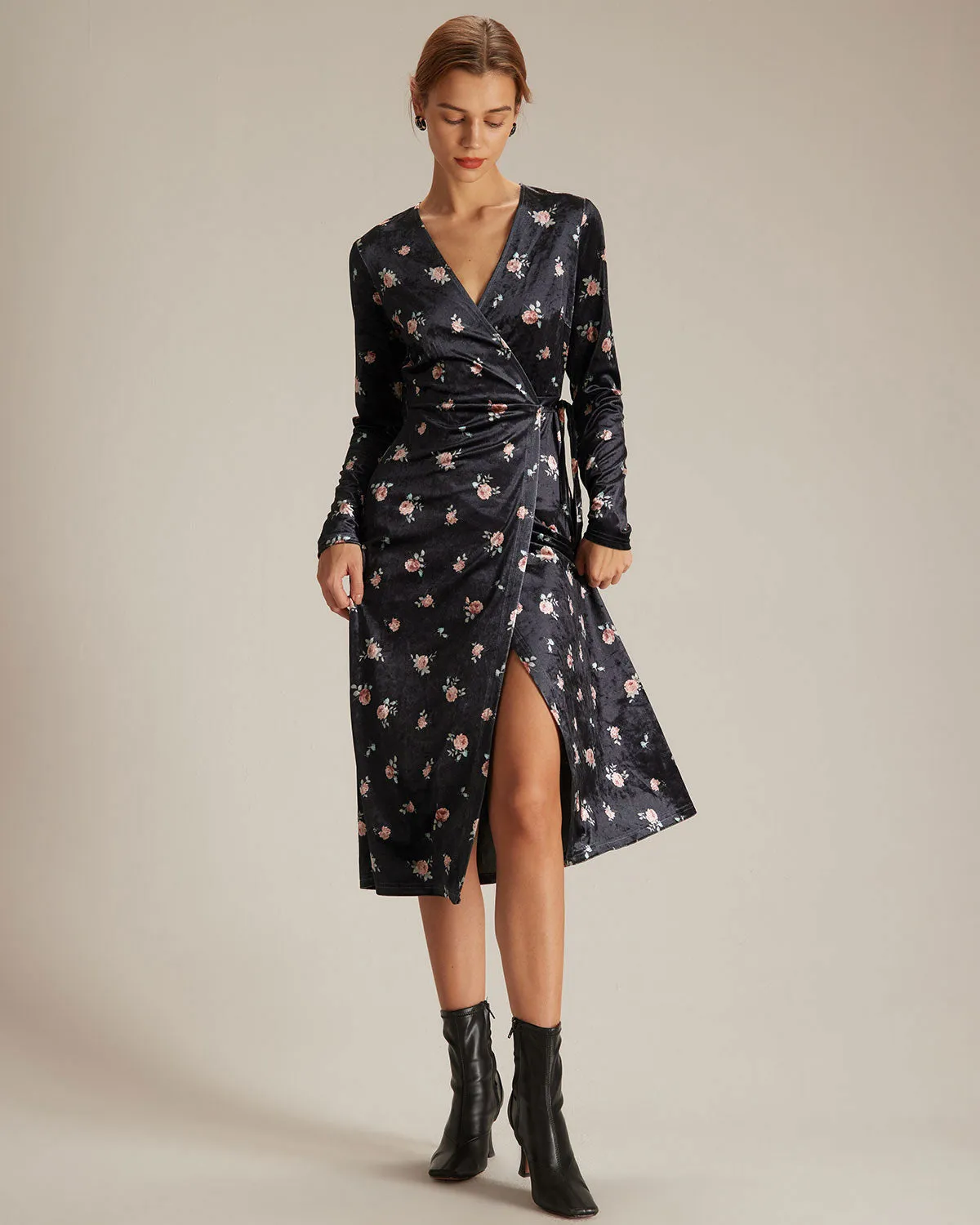 The Black V Neck Floral Velvet Wrap Midi Dress