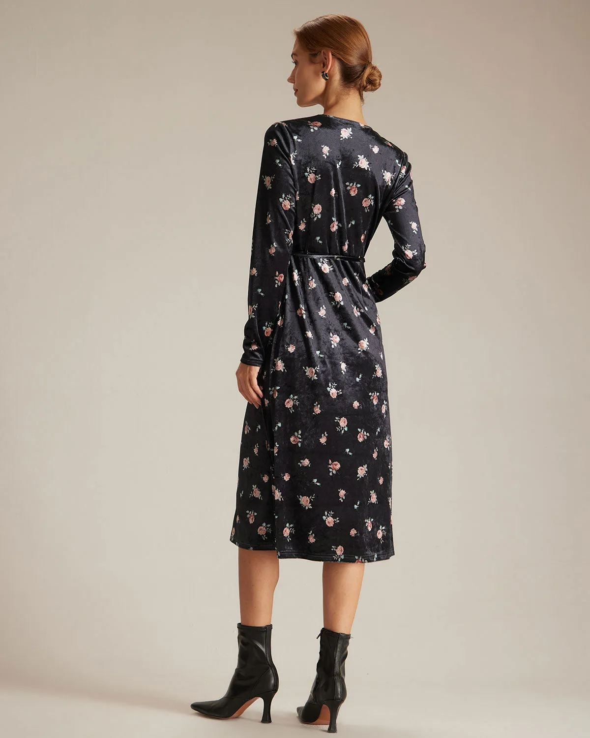 The Black V Neck Floral Velvet Wrap Midi Dress