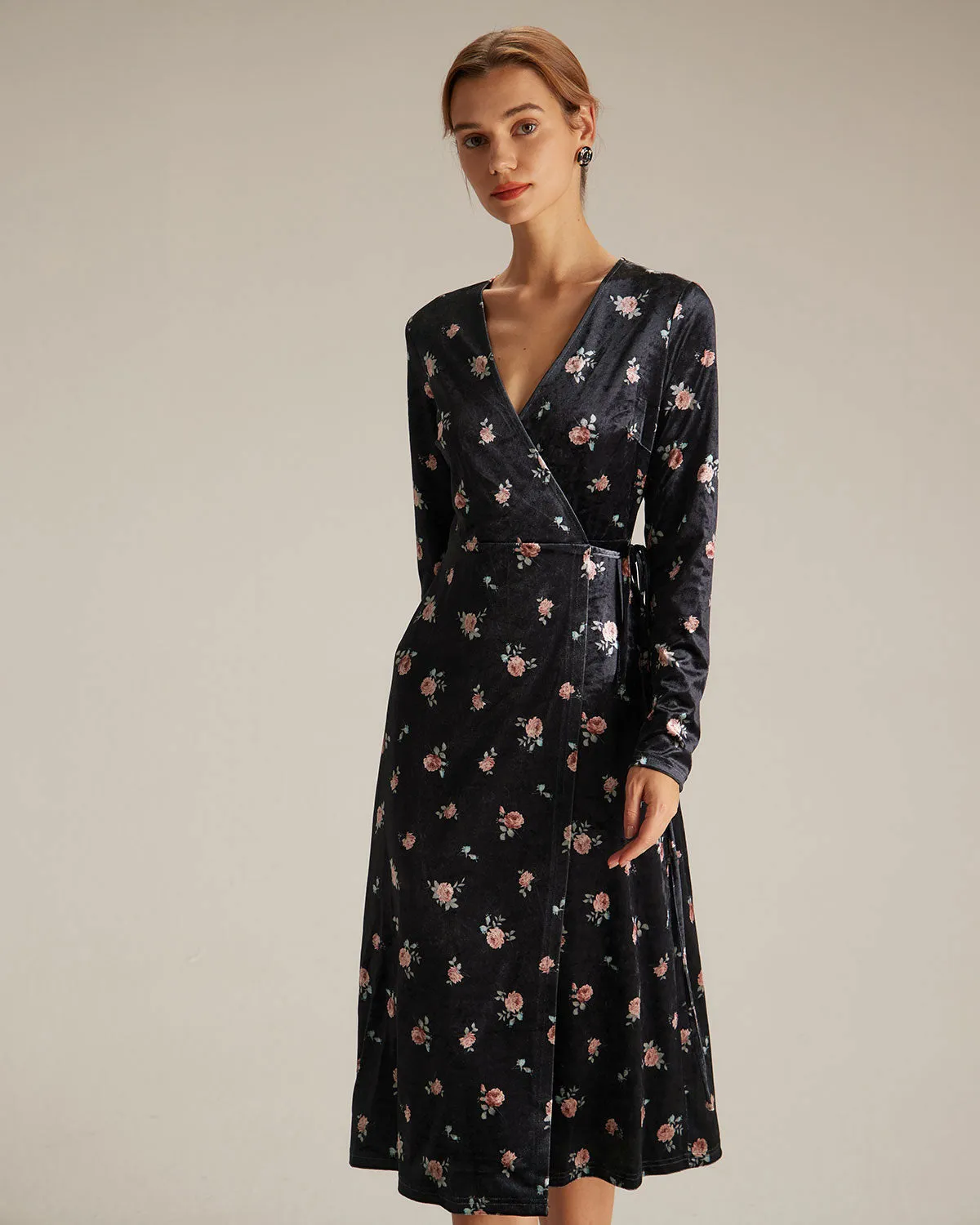 The Black V Neck Floral Velvet Wrap Midi Dress