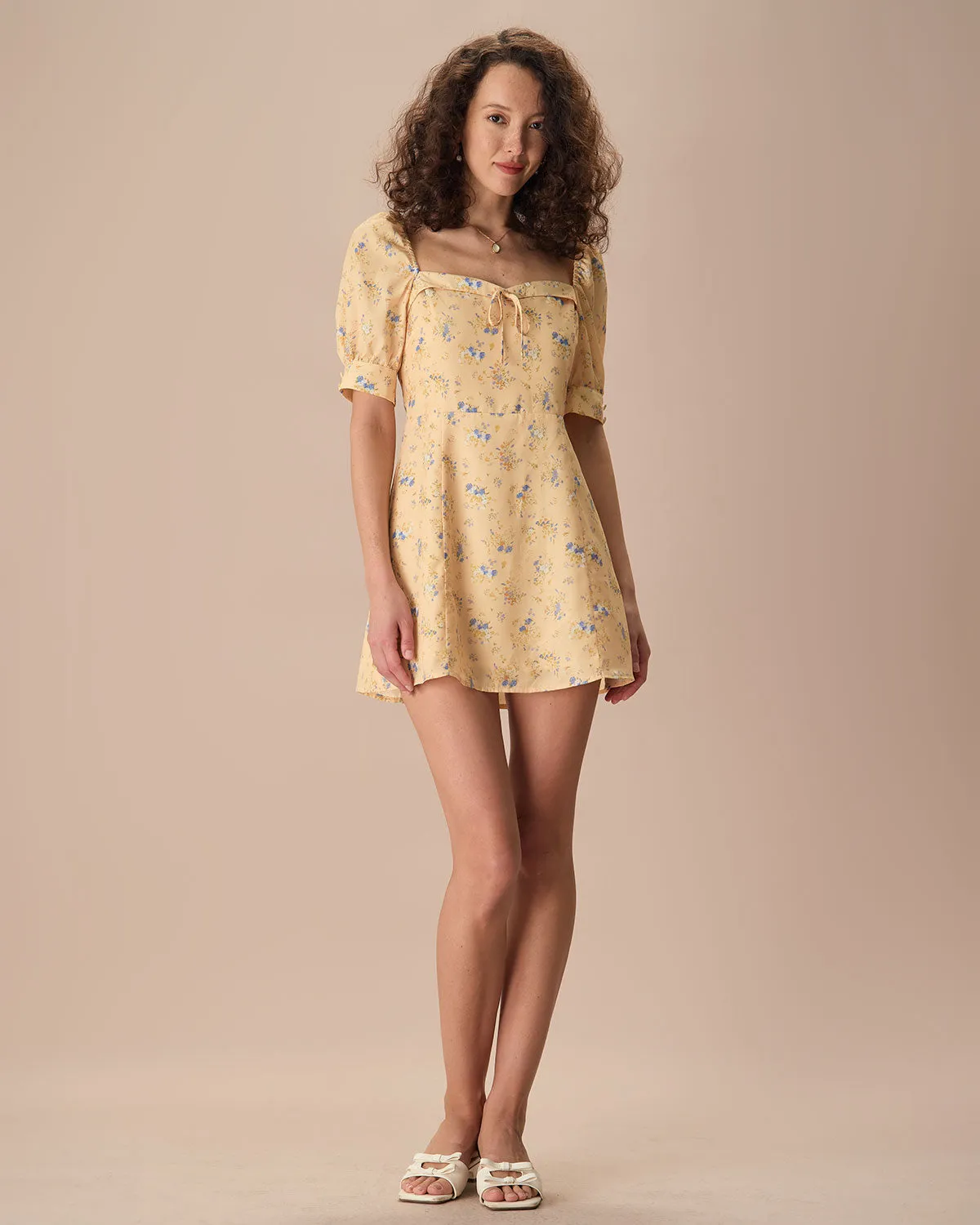 The Yellow Sweetheart Neck Floral Mini Dress